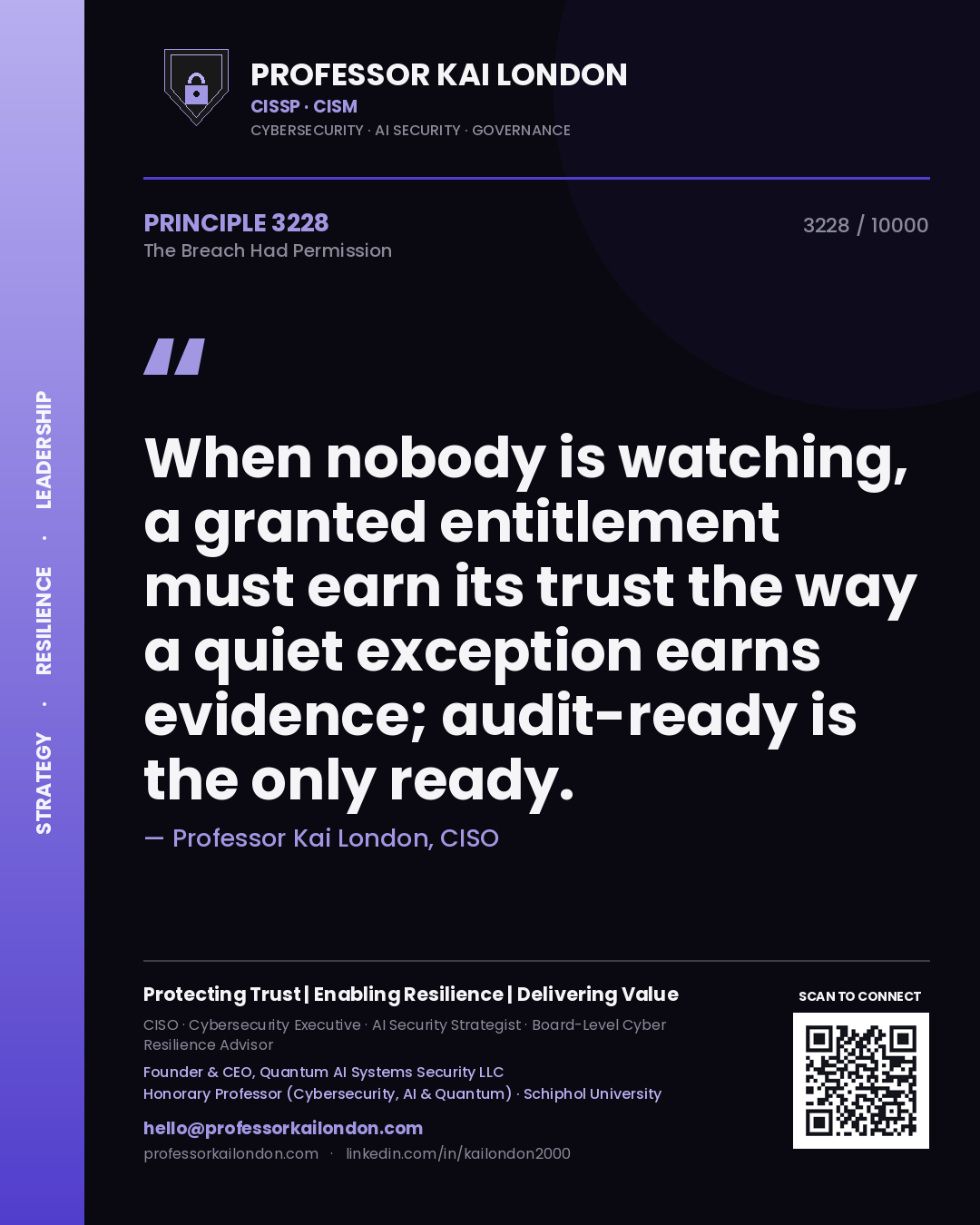 Professor Kai London principle 3228: When nobody is watching, a granted entitlement must earn its trust the way a quiet exception earns evidence; audit-ready is the only ready.