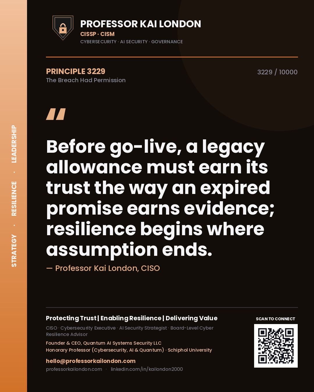 Professor Kai London principle 3229: Before go-live, a legacy allowance must earn its trust the way an expired promise earns evidence; resilience begins where assumption ends.