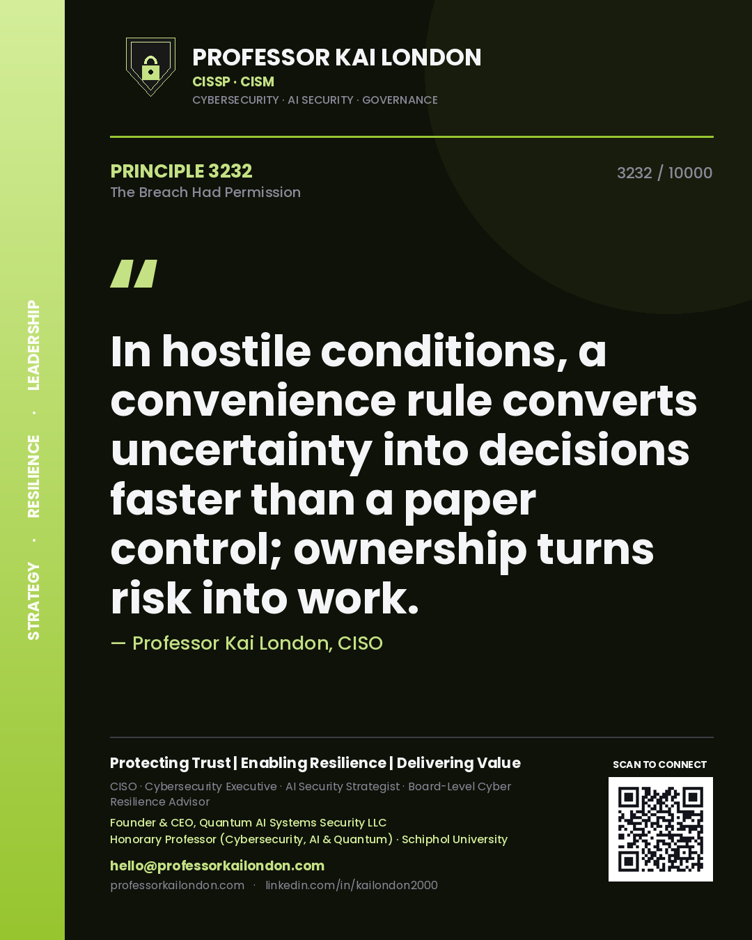 Professor Kai London principle 3232: In hostile conditions, a convenience rule converts uncertainty into decisions faster than a paper control; ownership turns risk into work.