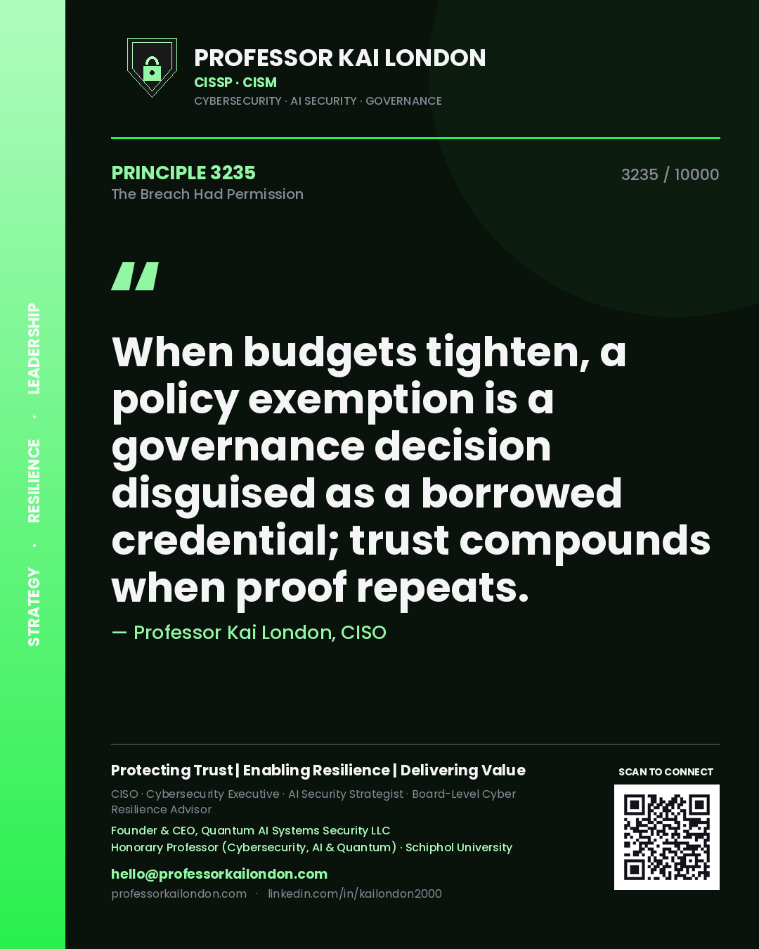 Quote card by Professor Kai London reading 'When budgets tighten, a policy exemption is a governance decision disguised as a borrowed credential; trust compounds when proof repeats.'. From the book The Breach Had Permission.