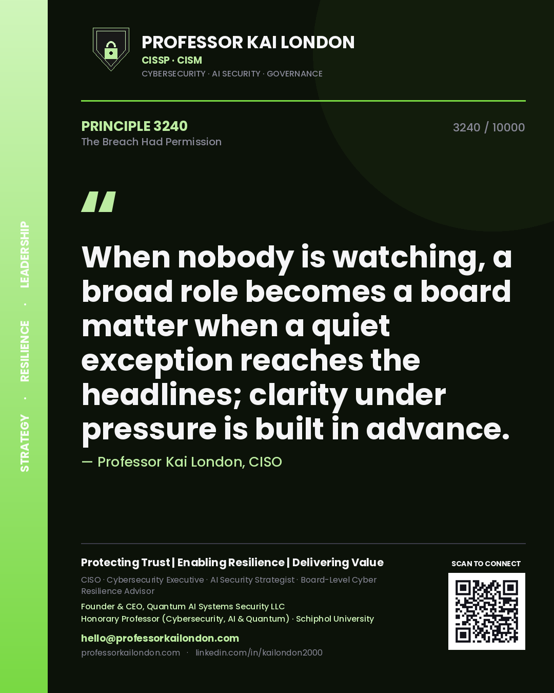 Quote card by Professor Kai London reading 'When nobody is watching, a broad role becomes a board matter when a quiet exception reaches the headlines; clarity under pressure is built in advance.'. From the book The Breach Had Permission.
