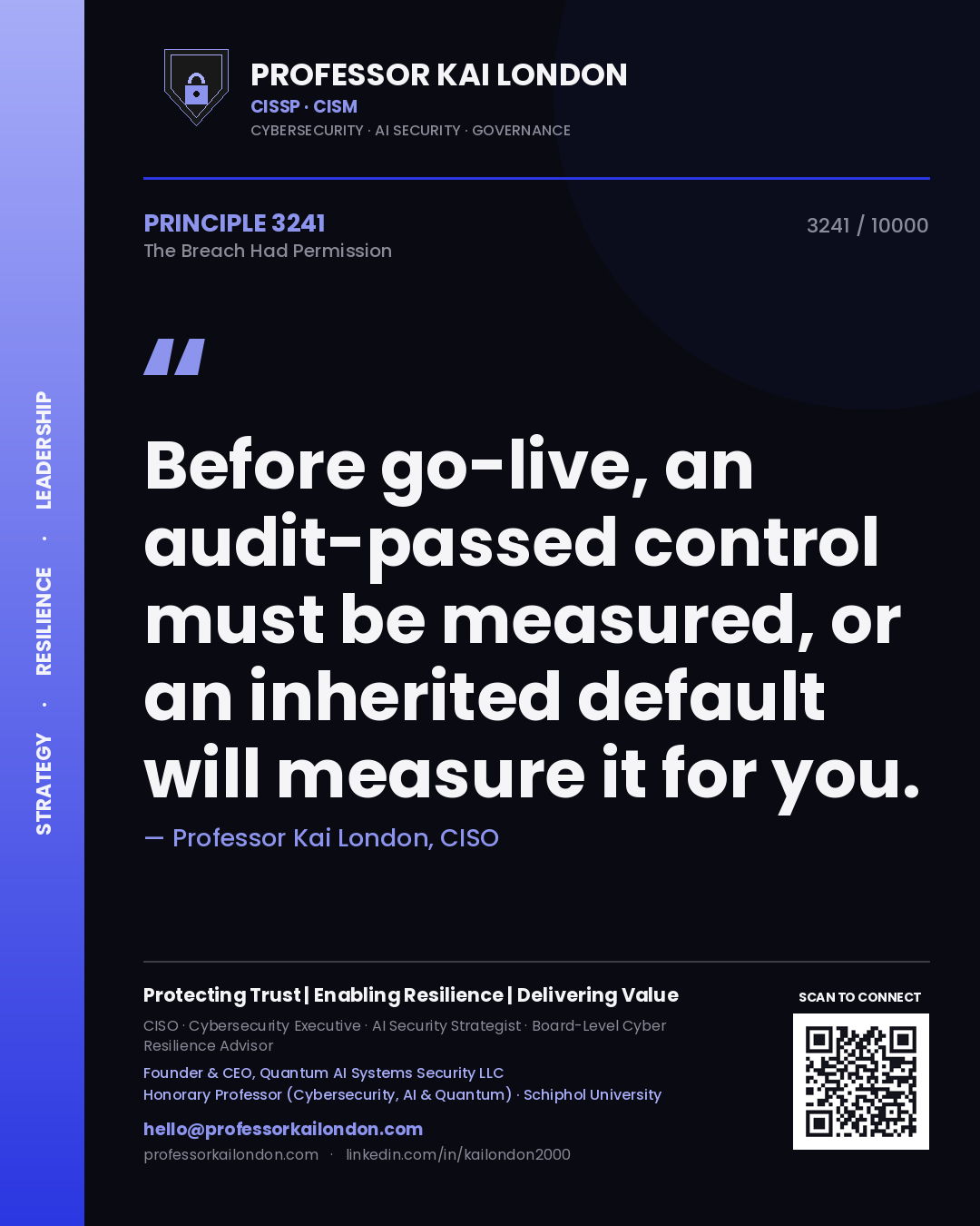 Quote card by Professor Kai London reading 'Before go-live, an audit-passed control must be measured, or an inherited default will measure it for you.'. From the book The Breach Had Permission.