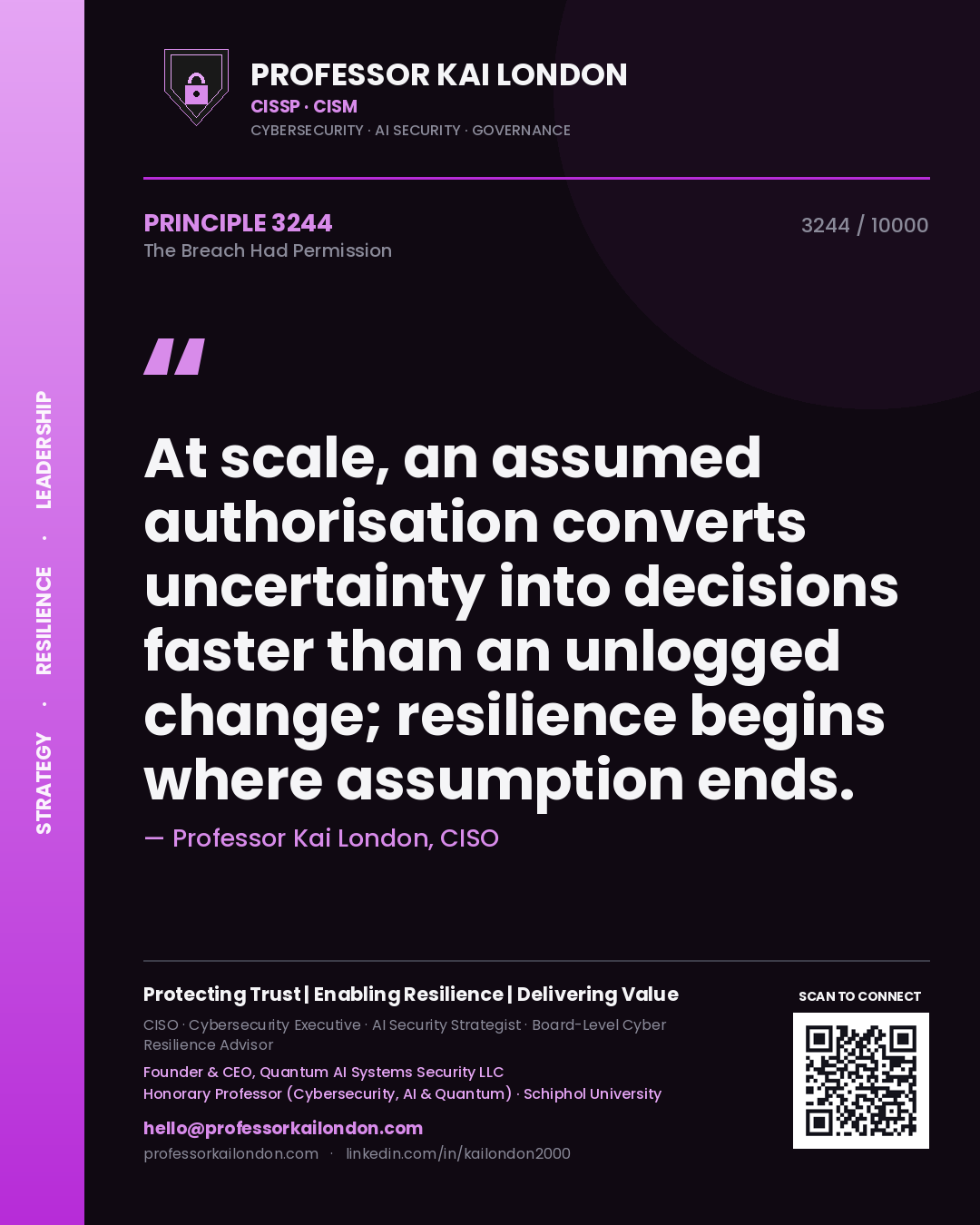 Professor Kai London principle 3244: At scale, an assumed authorisation converts uncertainty into decisions faster than an unlogged change; resilience begins where assumption ends.