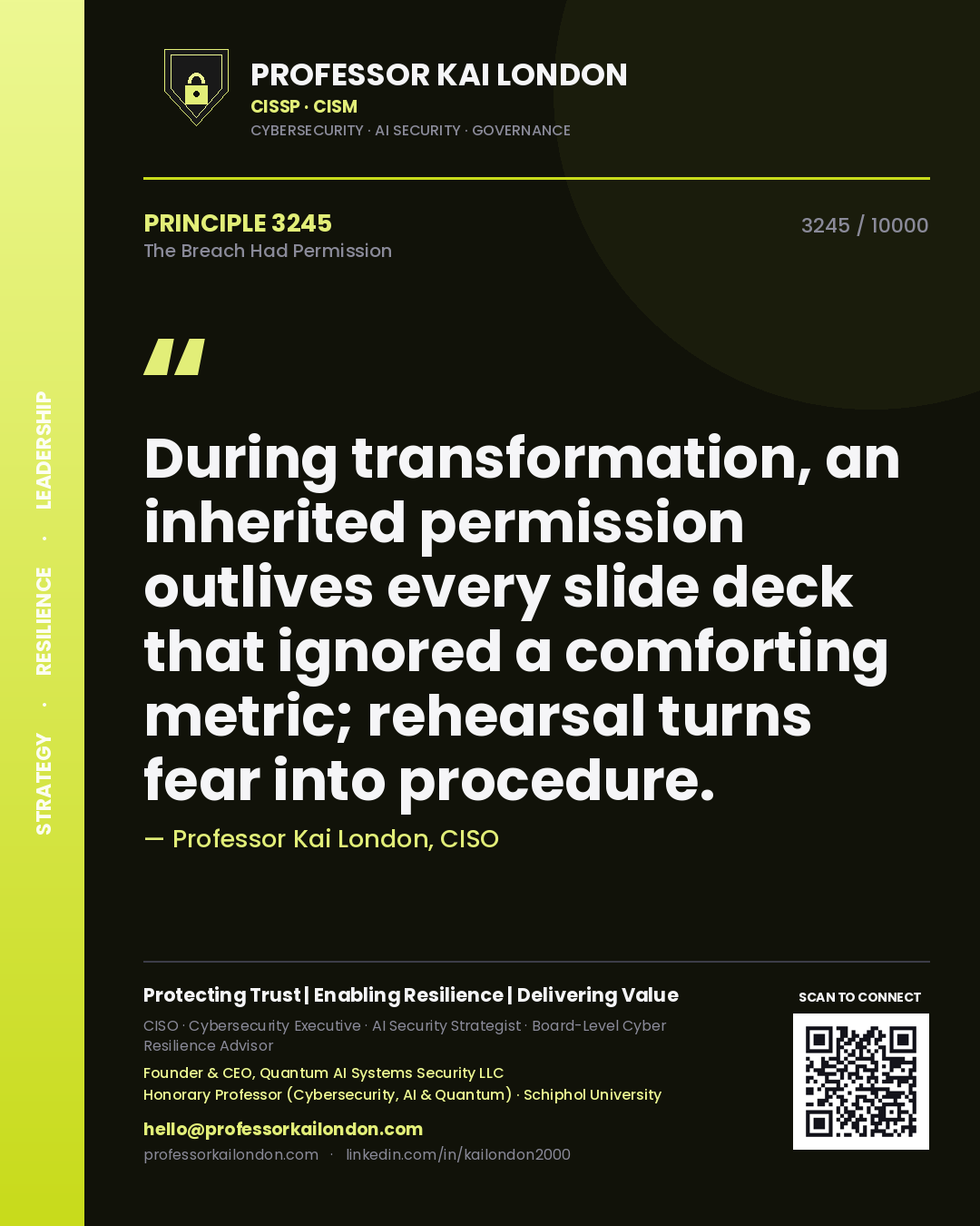 Professor Kai London principle 3245: During transformation, an inherited permission outlives every slide deck that ignored a comforting metric; rehearsal turns fear into procedure.