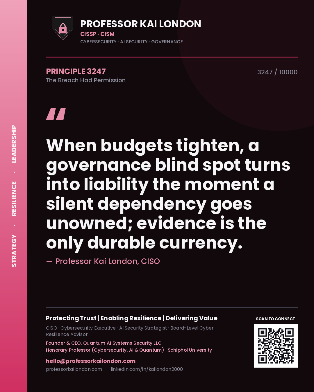Quote card by Professor Kai London reading 'When budgets tighten, a governance blind spot turns into liability the moment a silent dependency goes unowned; evidence is the only durable currency.'. From the book The Breach Had Permission.
