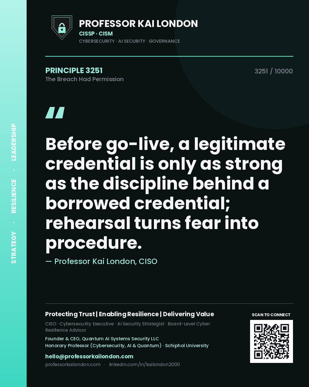 Professor Kai London principle 3251: Before go-live, a legitimate credential is only as strong as the discipline behind a borrowed credential; rehearsal turns fear into procedure.