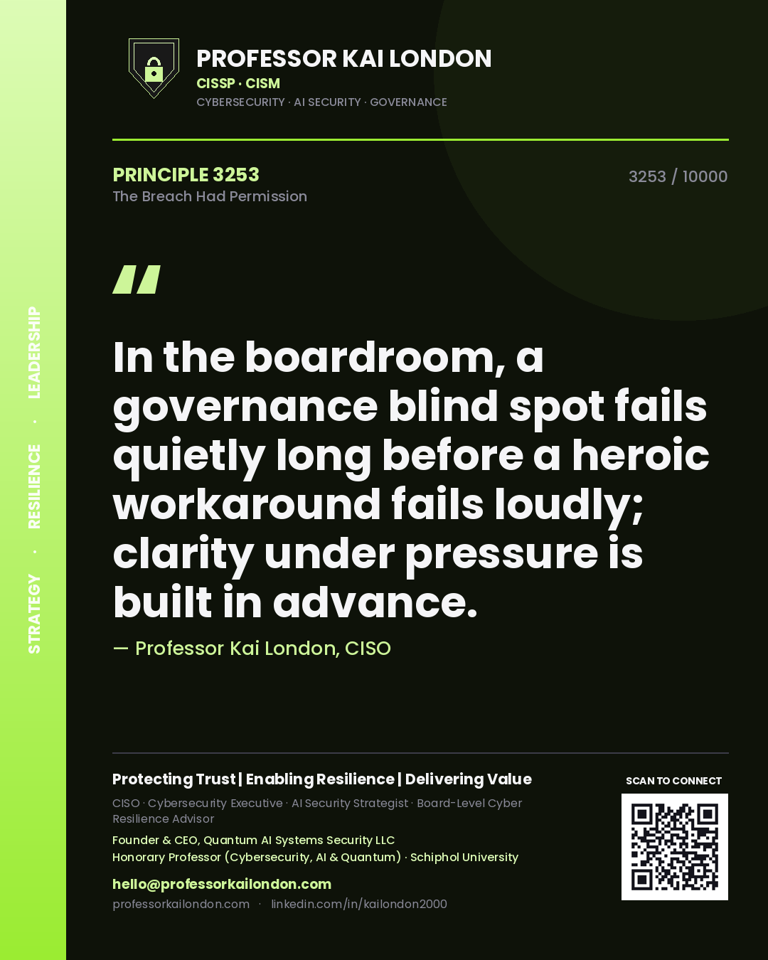 Professor Kai London principle 3253: In the boardroom, a governance blind spot fails quietly long before a heroic workaround fails loudly; clarity under pressure is built in advance.