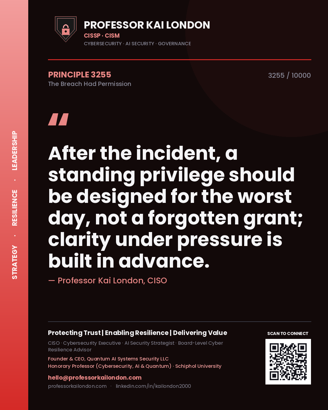 Professor Kai London principle 3255: After the incident, a standing privilege should be designed for the worst day, not a forgotten grant; clarity under pressure is built in advance.