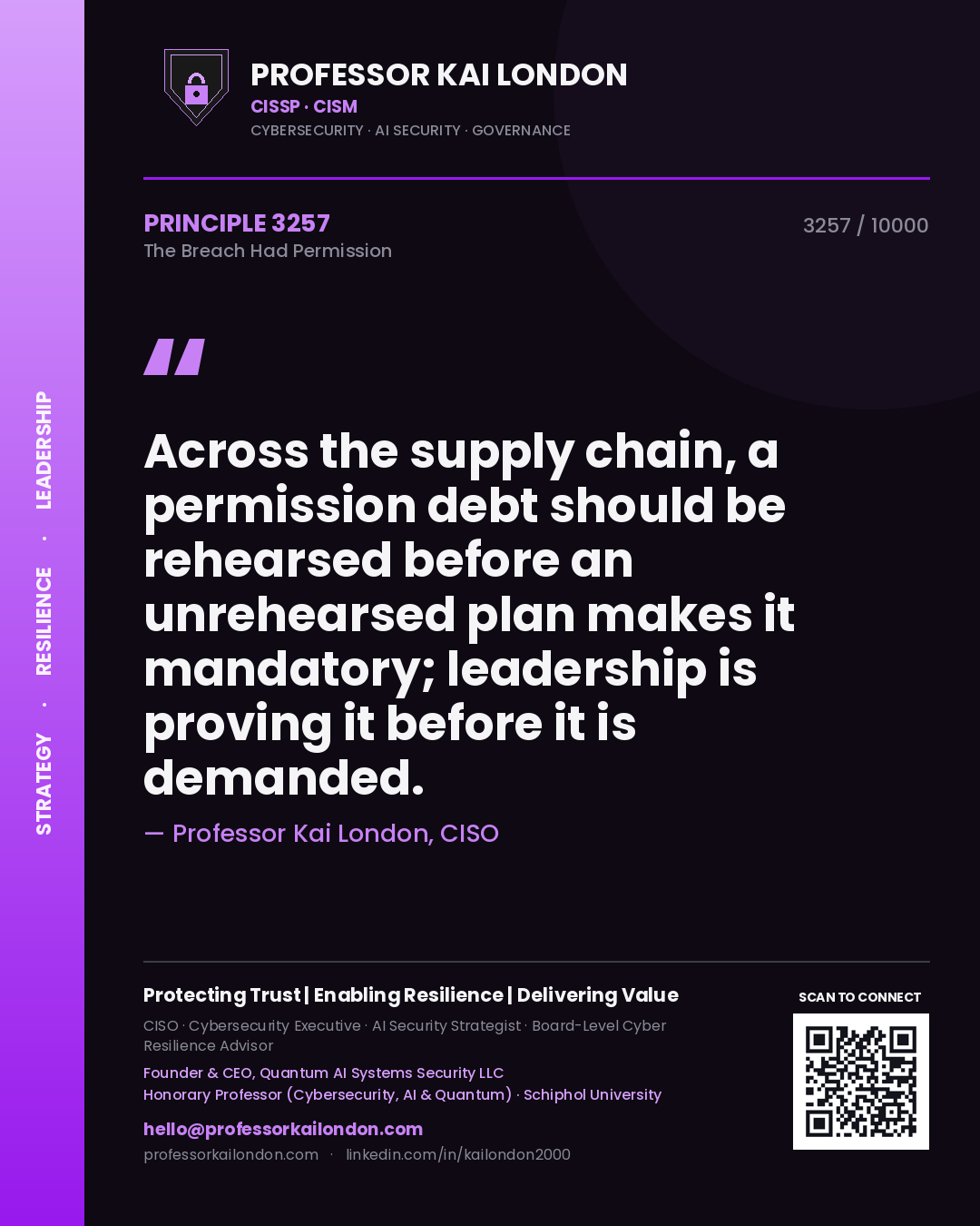 Professor Kai London principle 3257: Across the supply chain, a permission debt should be rehearsed before an unrehearsed plan makes it mandatory; leadership is proving it before it is demanded.