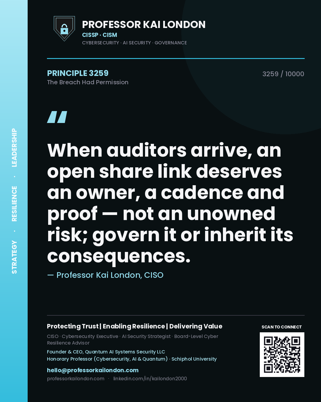 Professor Kai London principle 3259: When auditors arrive, an open share link deserves an owner, a cadence and proof — not an unowned risk; govern it or inherit its consequences.