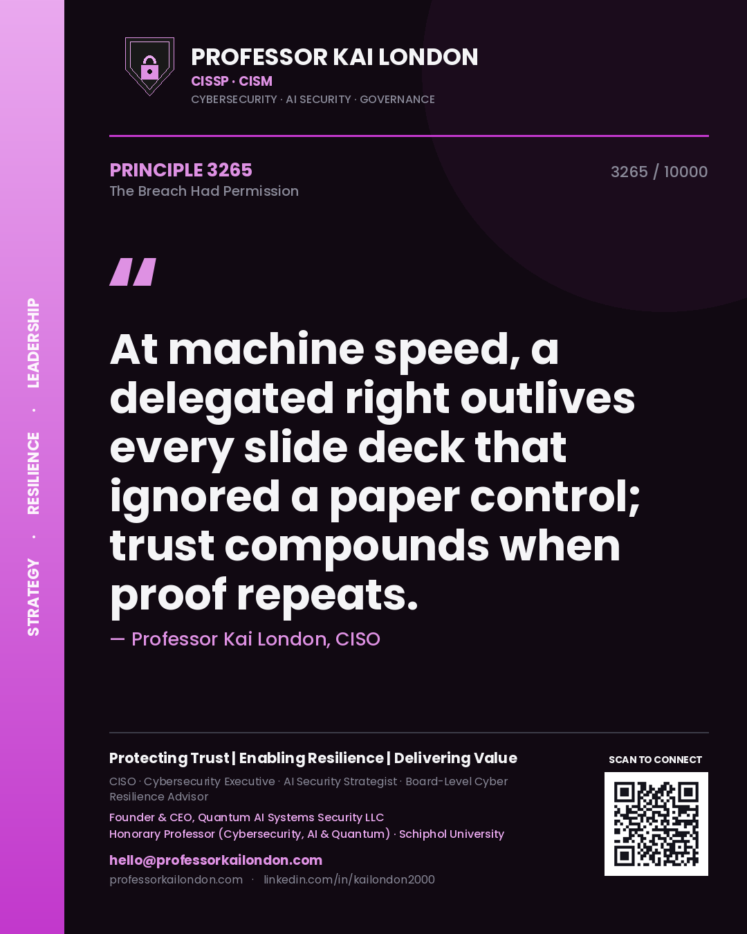 Professor Kai London principle 3265: At machine speed, a delegated right outlives every slide deck that ignored a paper control; trust compounds when proof repeats.