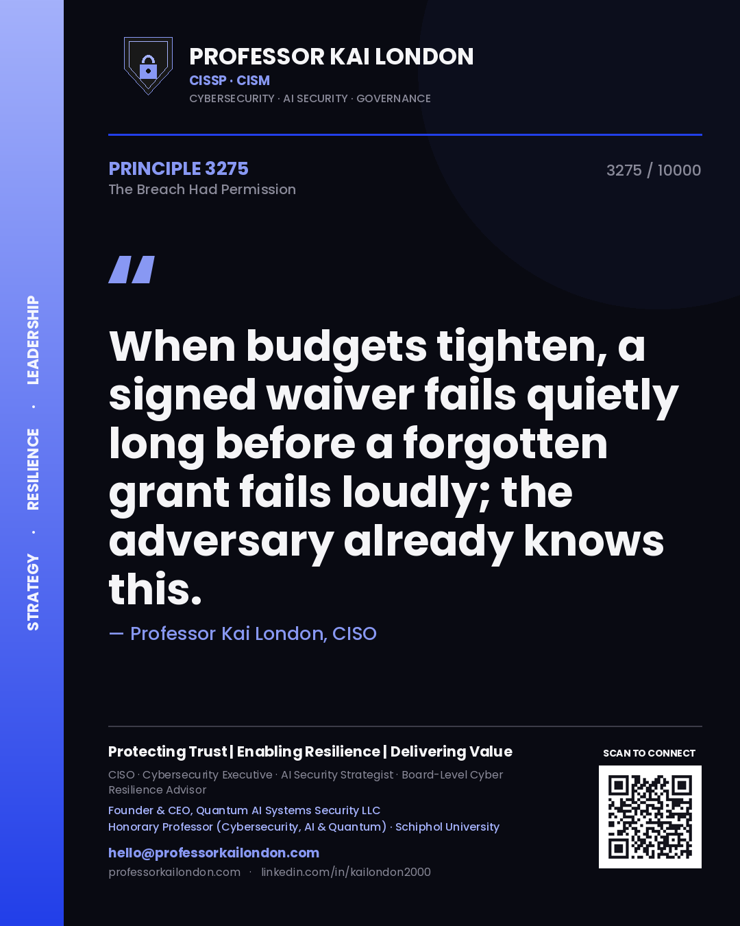 Professor Kai London principle 3275: When budgets tighten, a signed waiver fails quietly long before a forgotten grant fails loudly; the adversary already knows this.