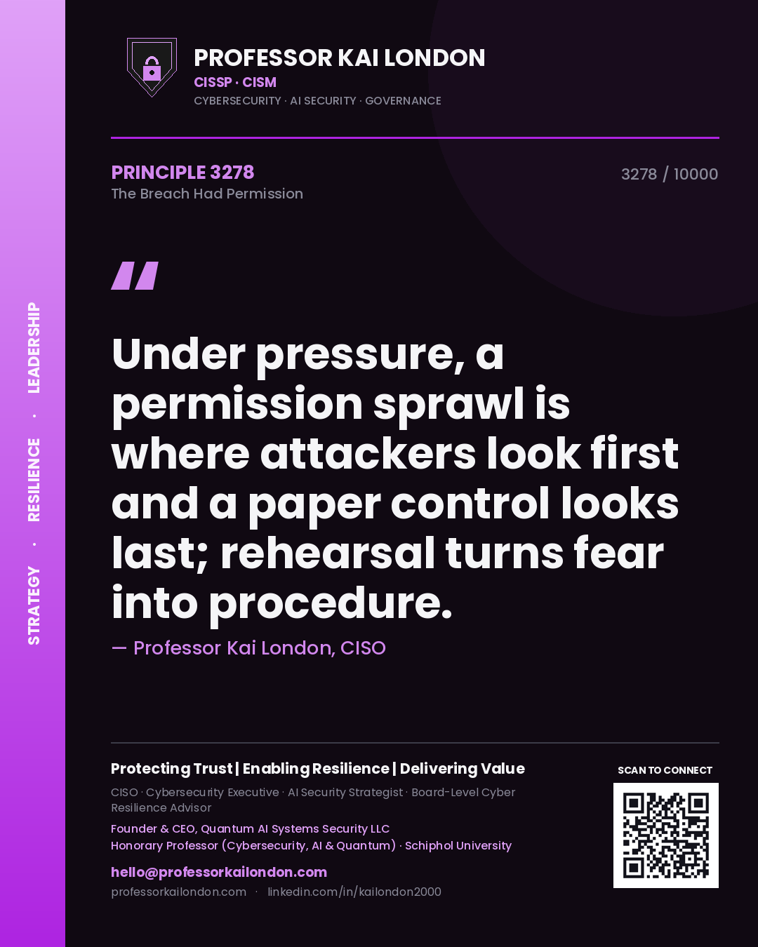 Professor Kai London principle 3278: Under pressure, a permission sprawl is where attackers look first and a paper control looks last; rehearsal turns fear into procedure.