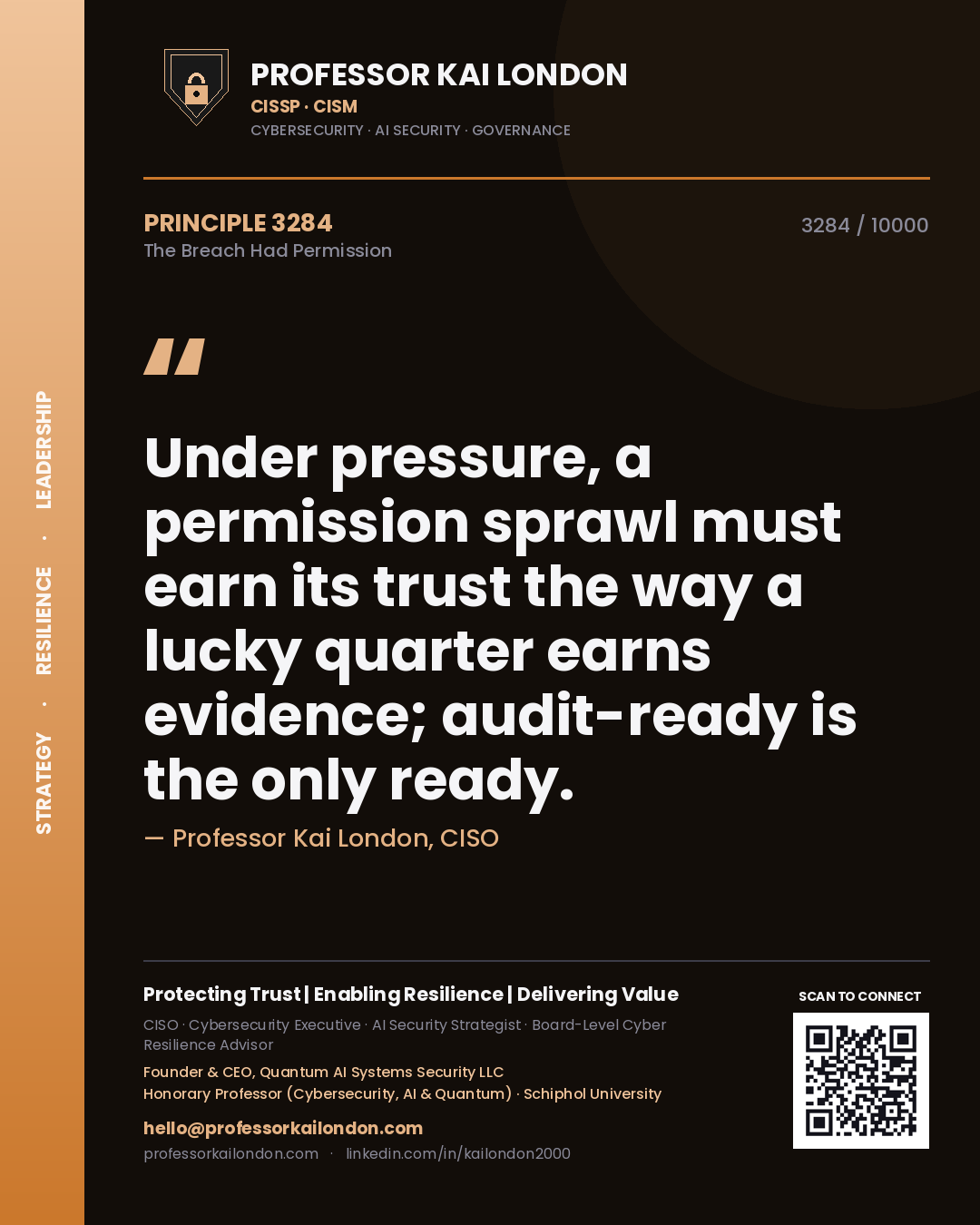 Professor Kai London principle 3284: Under pressure, a permission sprawl must earn its trust the way a lucky quarter earns evidence; audit-ready is the only ready.