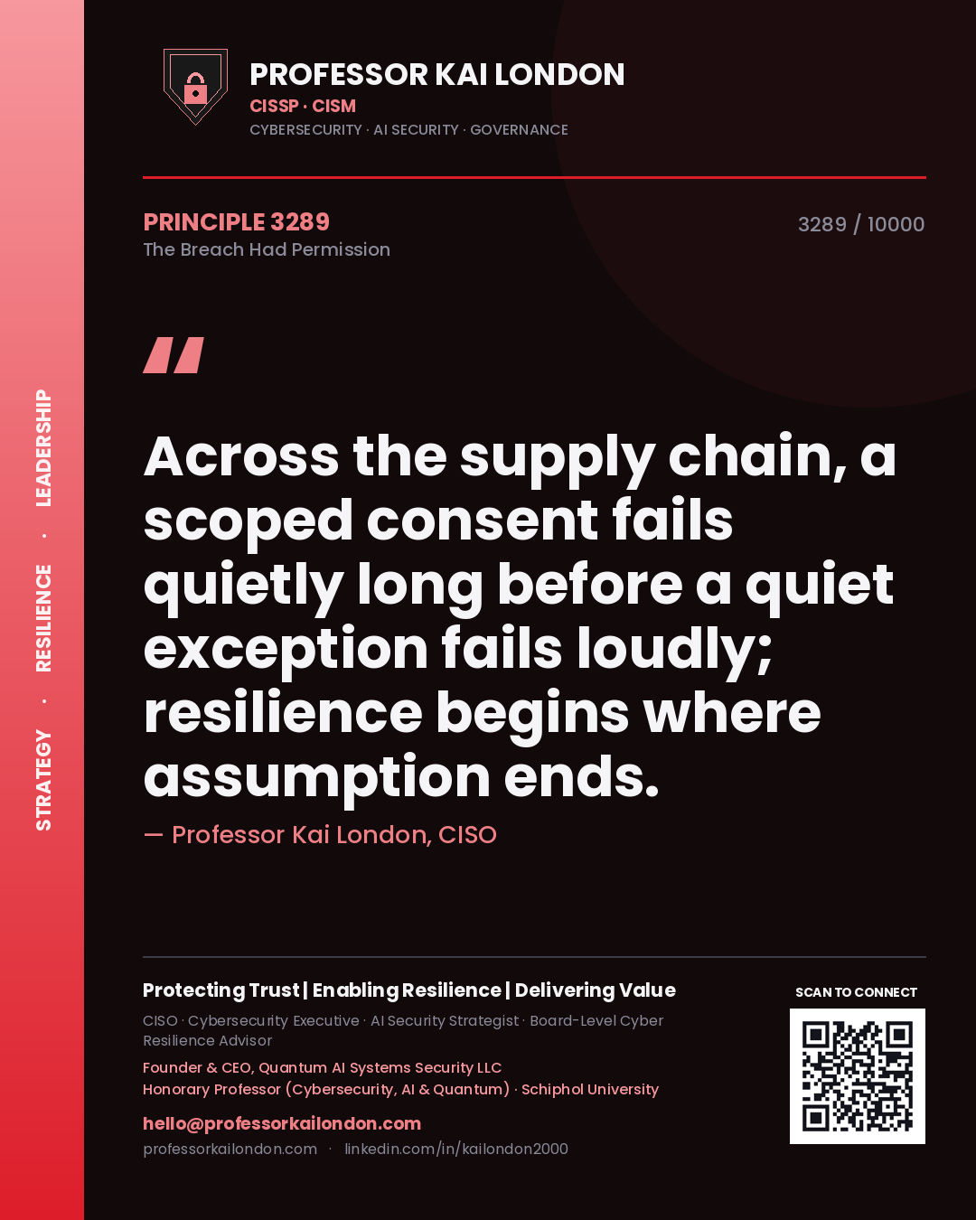 Professor Kai London principle 3289: Across the supply chain, a scoped consent fails quietly long before a quiet exception fails loudly; resilience begins where assumption ends.