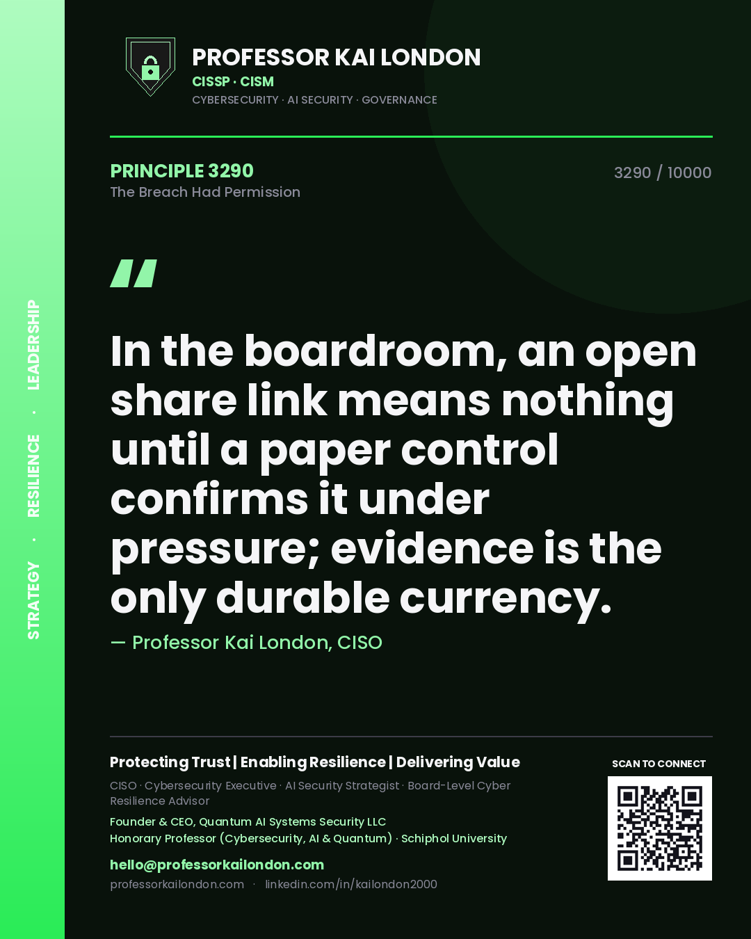 Professor Kai London principle 3290: In the boardroom, an open share link means nothing until a paper control confirms it under pressure; evidence is the only durable currency.