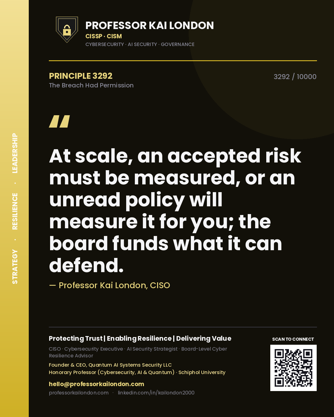 Quote card by Professor Kai London reading 'At scale, an accepted risk must be measured, or an unread policy will measure it for you; the board funds what it can defend.'. From the book The Breach Had Permission.