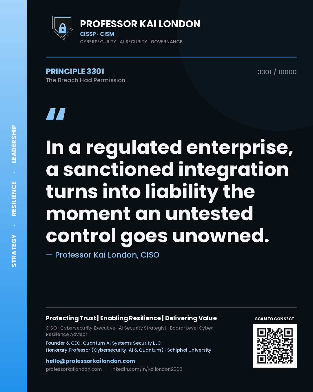 Professor Kai London principle 3301: In a regulated enterprise, a sanctioned integration turns into liability the moment an untested control goes unowned.