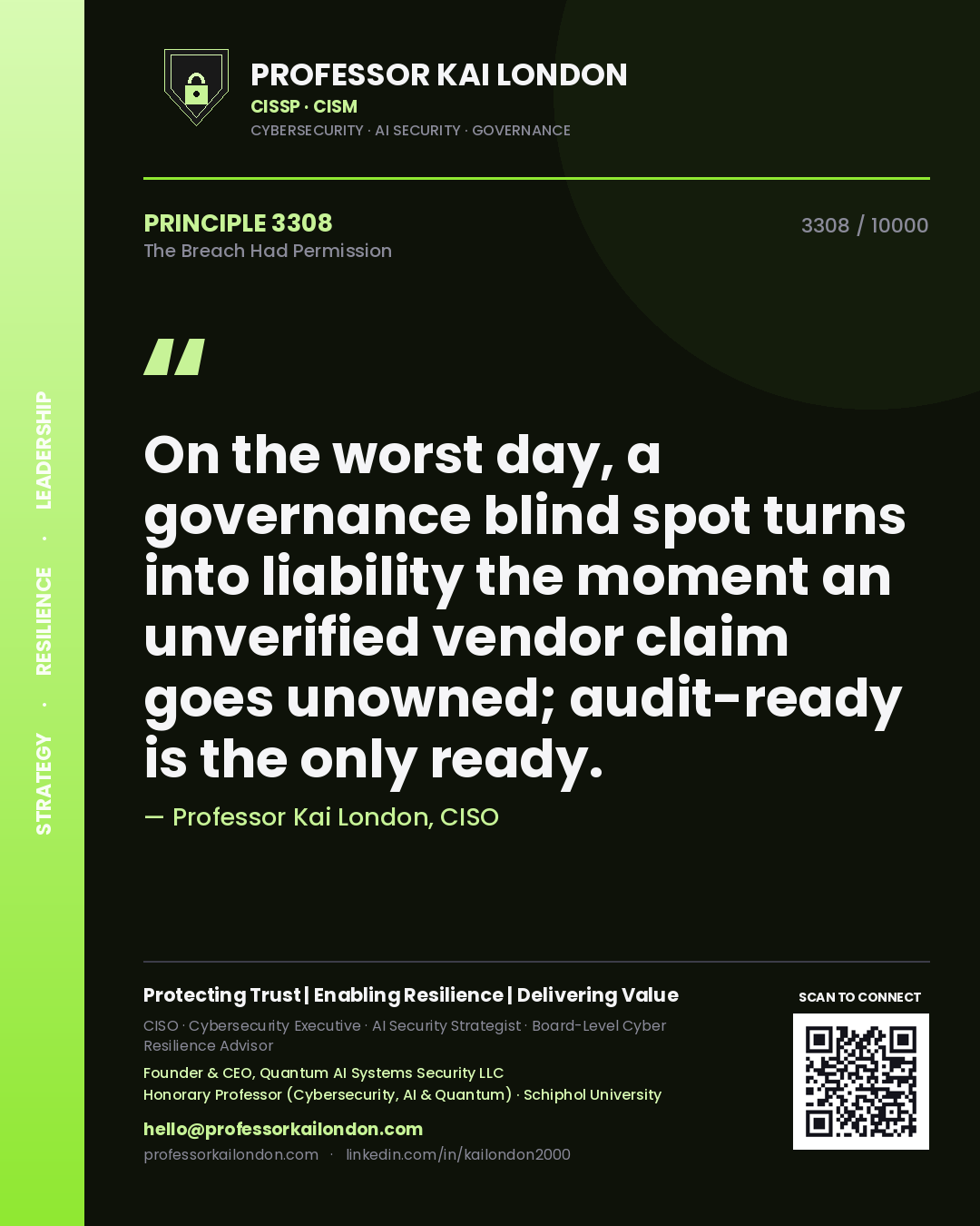 Quote card by Professor Kai London reading 'On the worst day, a governance blind spot turns into liability the moment an unverified vendor claim goes unowned; audit-ready is the only ready.'. From the book The Breach Had Permission.