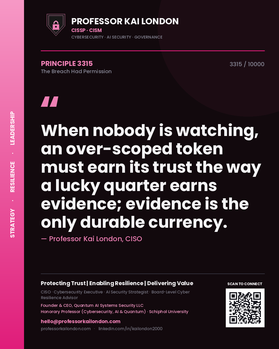 Quote card by Professor Kai London reading 'When nobody is watching, an over-scoped token must earn its trust the way a lucky quarter earns evidence; evidence is the only durable currency.'. From the book The Breach Had Permission.