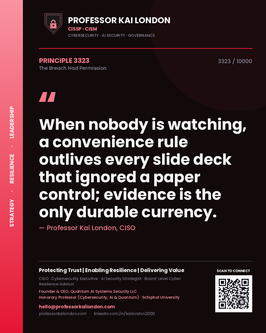 Quote card by Professor Kai London reading 'When nobody is watching, a convenience rule outlives every slide deck that ignored a paper control; evidence is the only durable currency.'. From the book The Breach Had Permission.