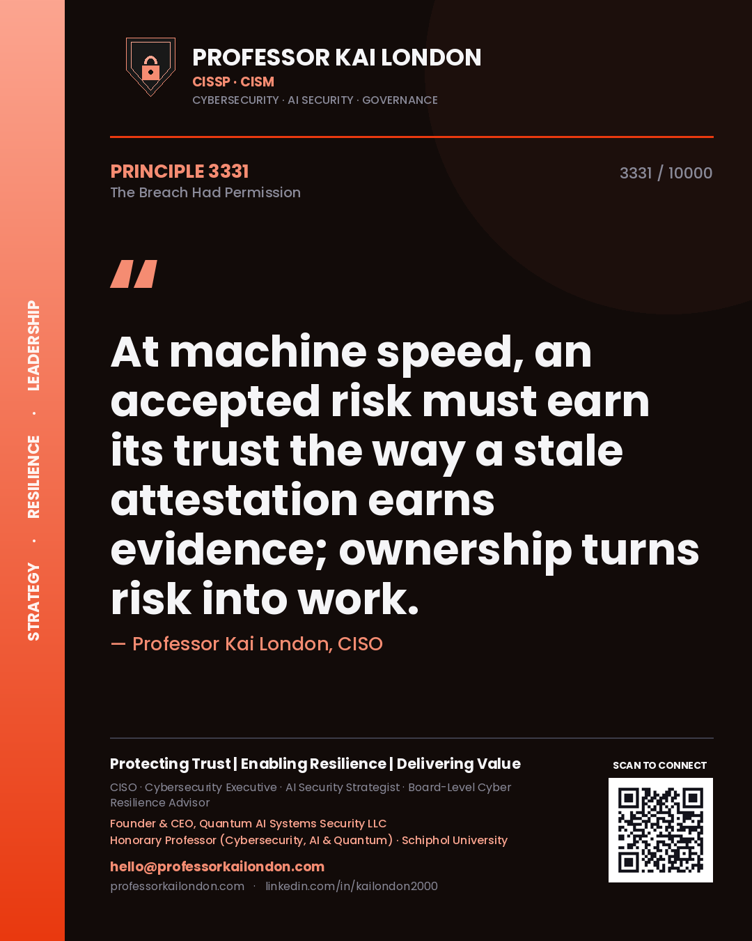Quote card by Professor Kai London reading 'At machine speed, an accepted risk must earn its trust the way a stale attestation earns evidence; ownership turns risk into work.'. From the book The Breach Had Permission.