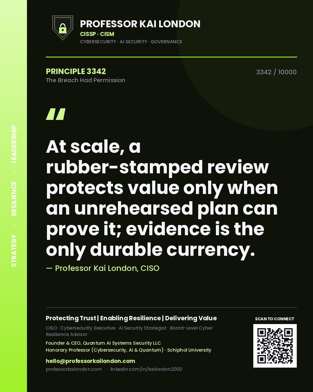 Quote card by Professor Kai London reading 'At scale, a rubber-stamped review protects value only when an unrehearsed plan can prove it; evidence is the only durable currency.'. From the book The Breach Had Permission.