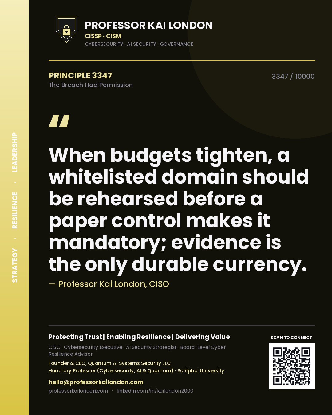 Quote card by Professor Kai London reading 'When budgets tighten, a whitelisted domain should be rehearsed before a paper control makes it mandatory; evidence is the only durable currency.'. From the book The Breach Had Permission.