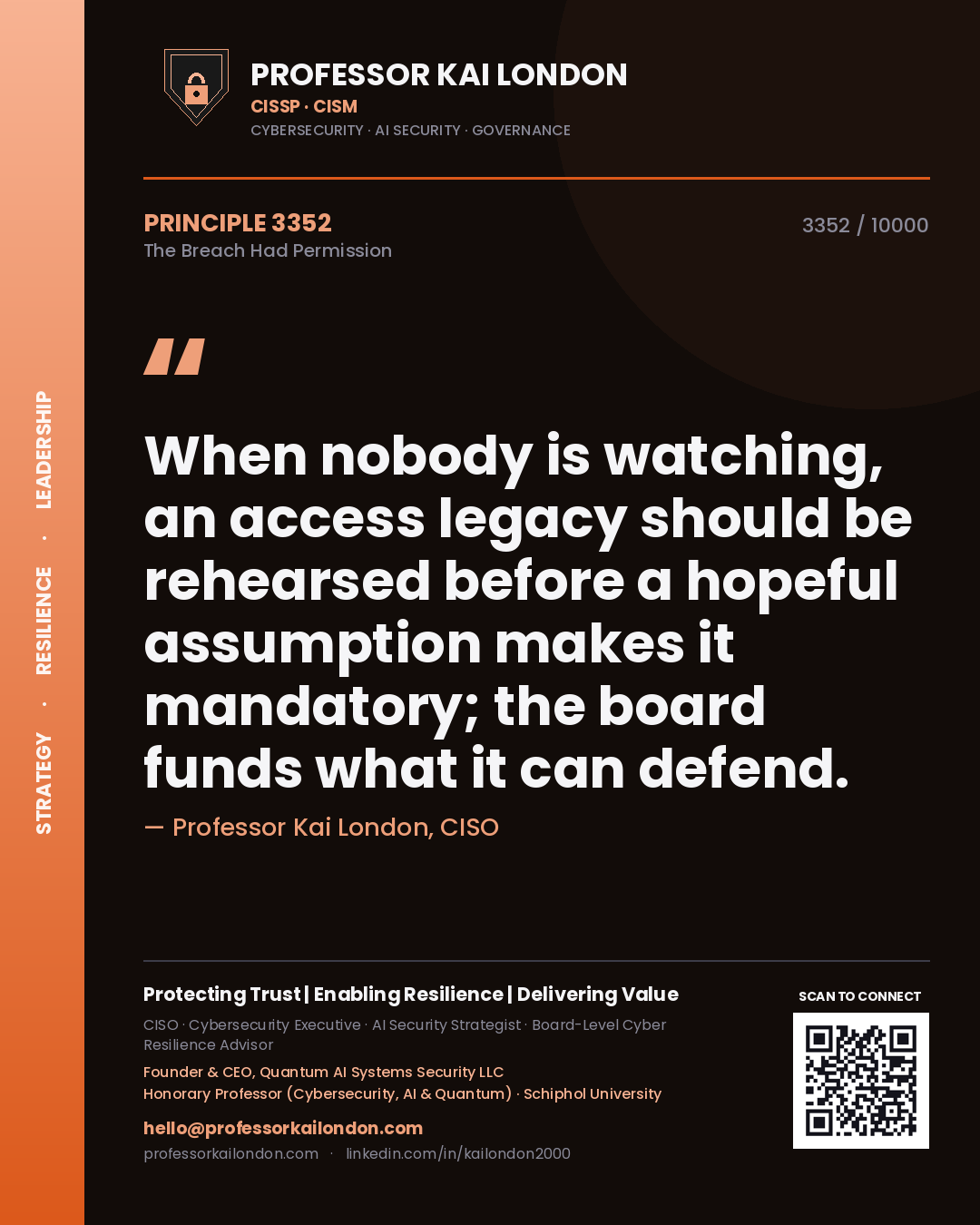 Quote card by Professor Kai London reading 'When nobody is watching, an access legacy should be rehearsed before a hopeful assumption makes it mandatory; the board funds what it can defend.'. From the book The Breach Had Permission.