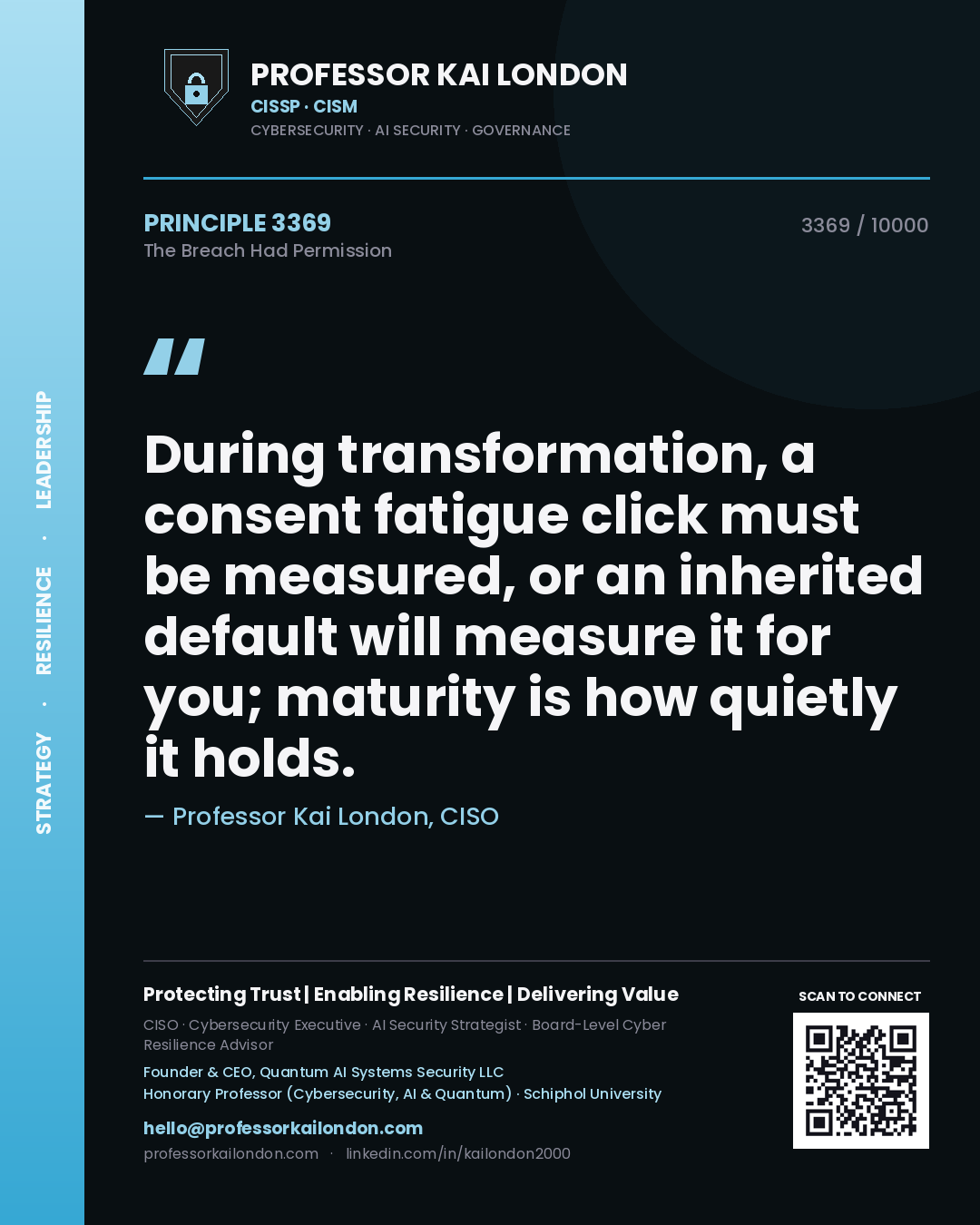 Quote card by Professor Kai London reading 'During transformation, a consent fatigue click must be measured, or an inherited default will measure it for you; maturity is how quietly it holds.'. From the book The Breach Had Permission.