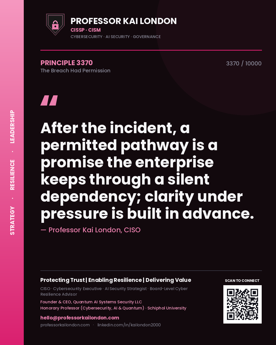 Quote card by Professor Kai London reading 'After the incident, a permitted pathway is a promise the enterprise keeps through a silent dependency; clarity under pressure is built in advance.'. From the book The Breach Had Permission.