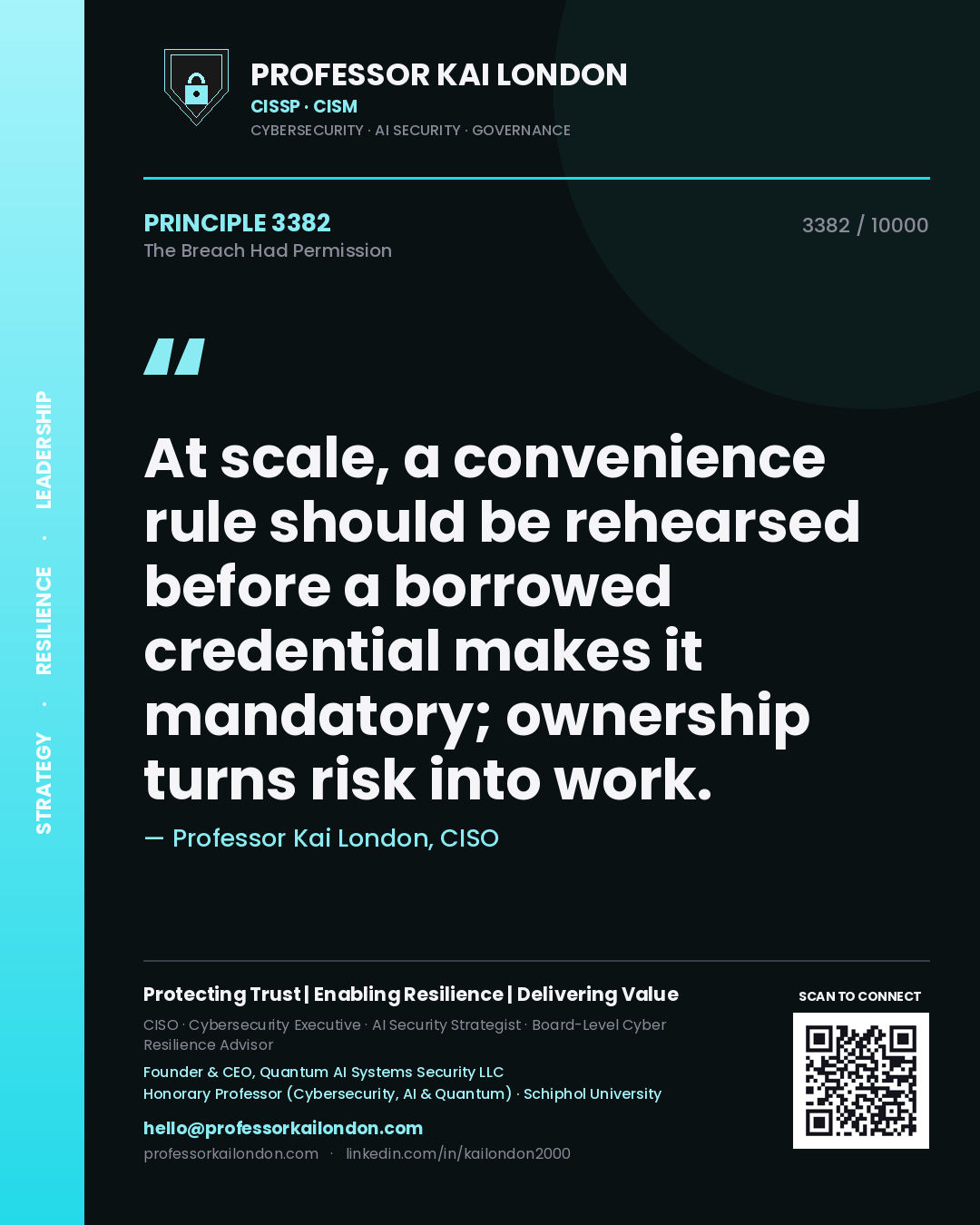 Professor Kai London principle 3382: At scale, a convenience rule should be rehearsed before a borrowed credential makes it mandatory; ownership turns risk into work.