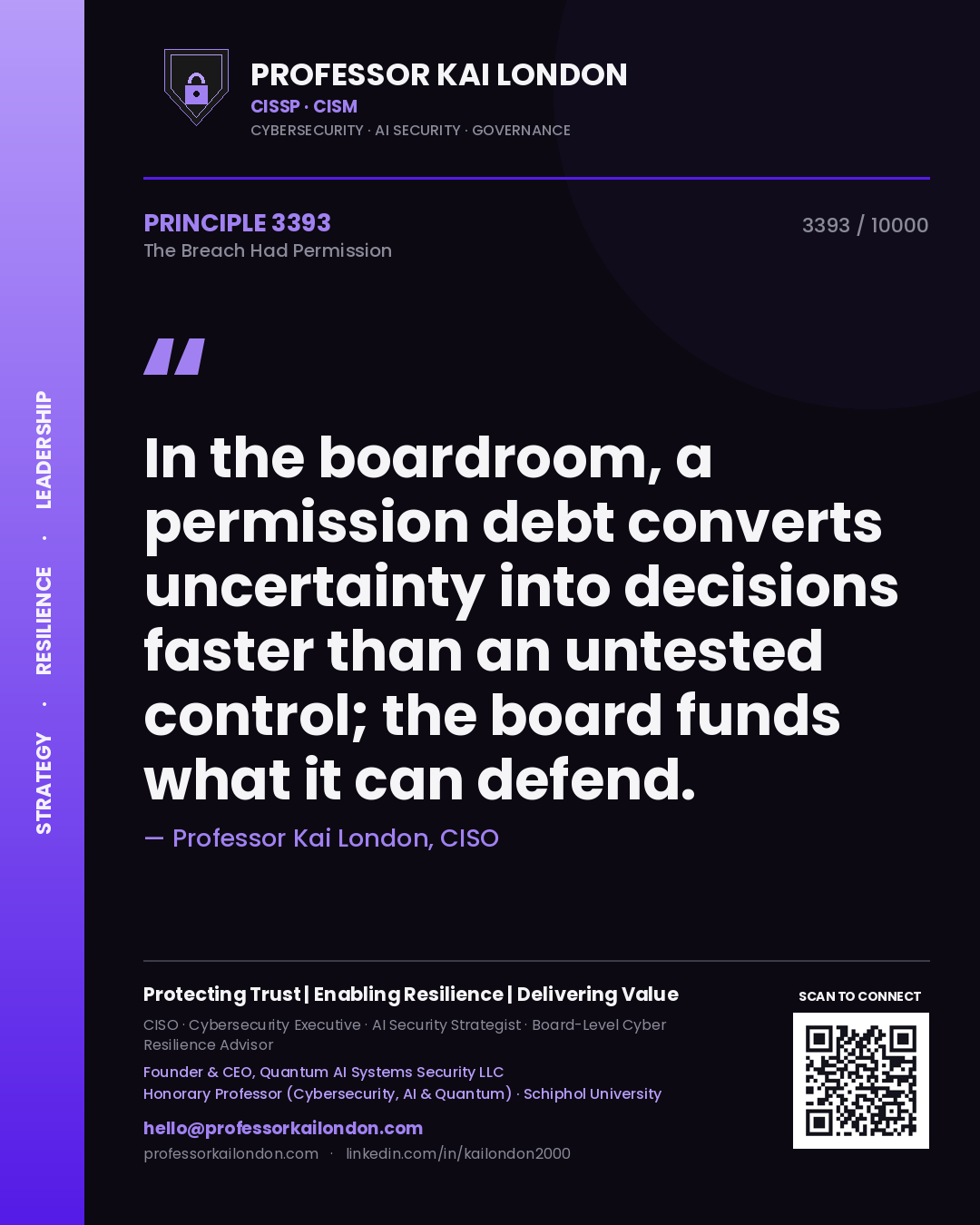 Quote card by Professor Kai London reading 'In the boardroom, a permission debt converts uncertainty into decisions faster than an untested control; the board funds what it can defend.'. From the book The Breach Had Permission.