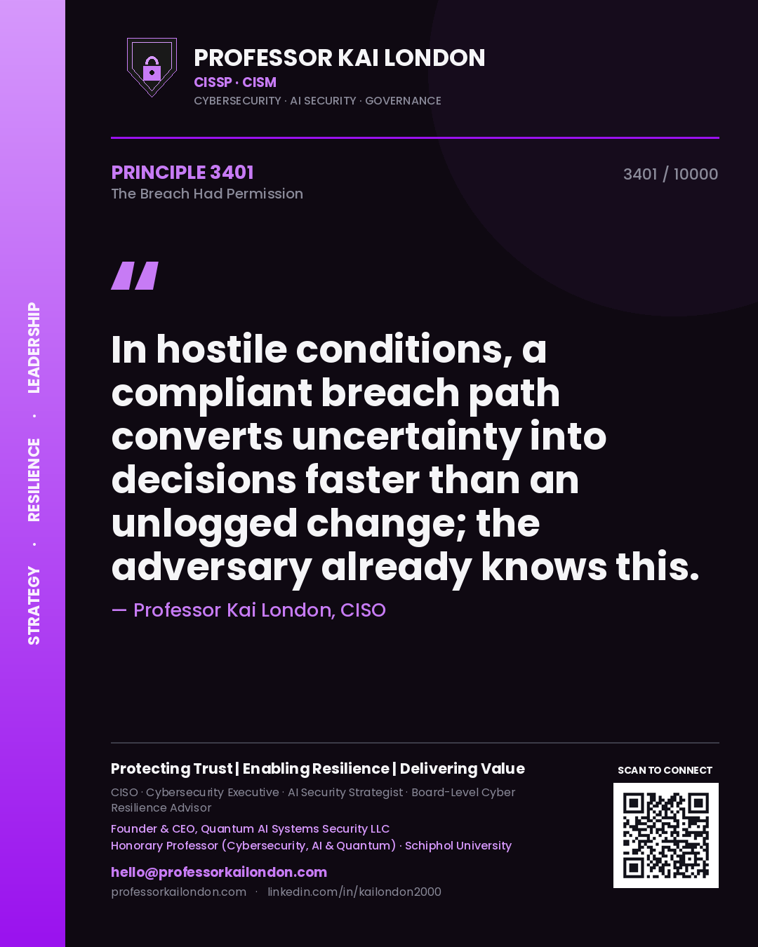 Professor Kai London principle 3401: In hostile conditions, a compliant breach path converts uncertainty into decisions faster than an unlogged change; the adversary already knows this.