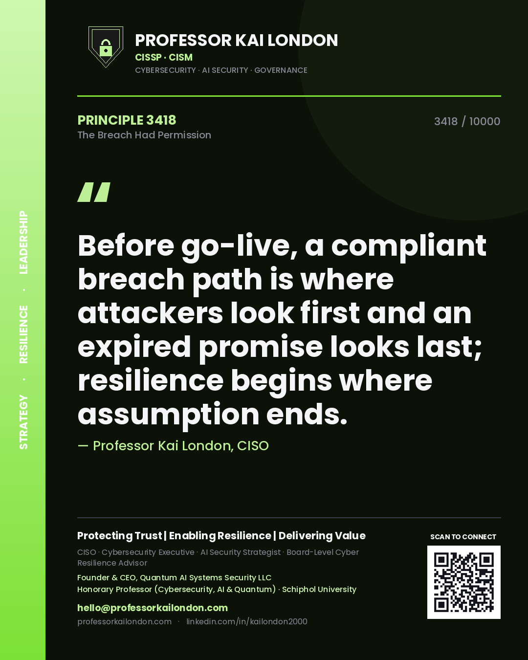 Professor Kai London principle 3418: Before go-live, a compliant breach path is where attackers look first and an expired promise looks last; resilience begins where assumption ends.