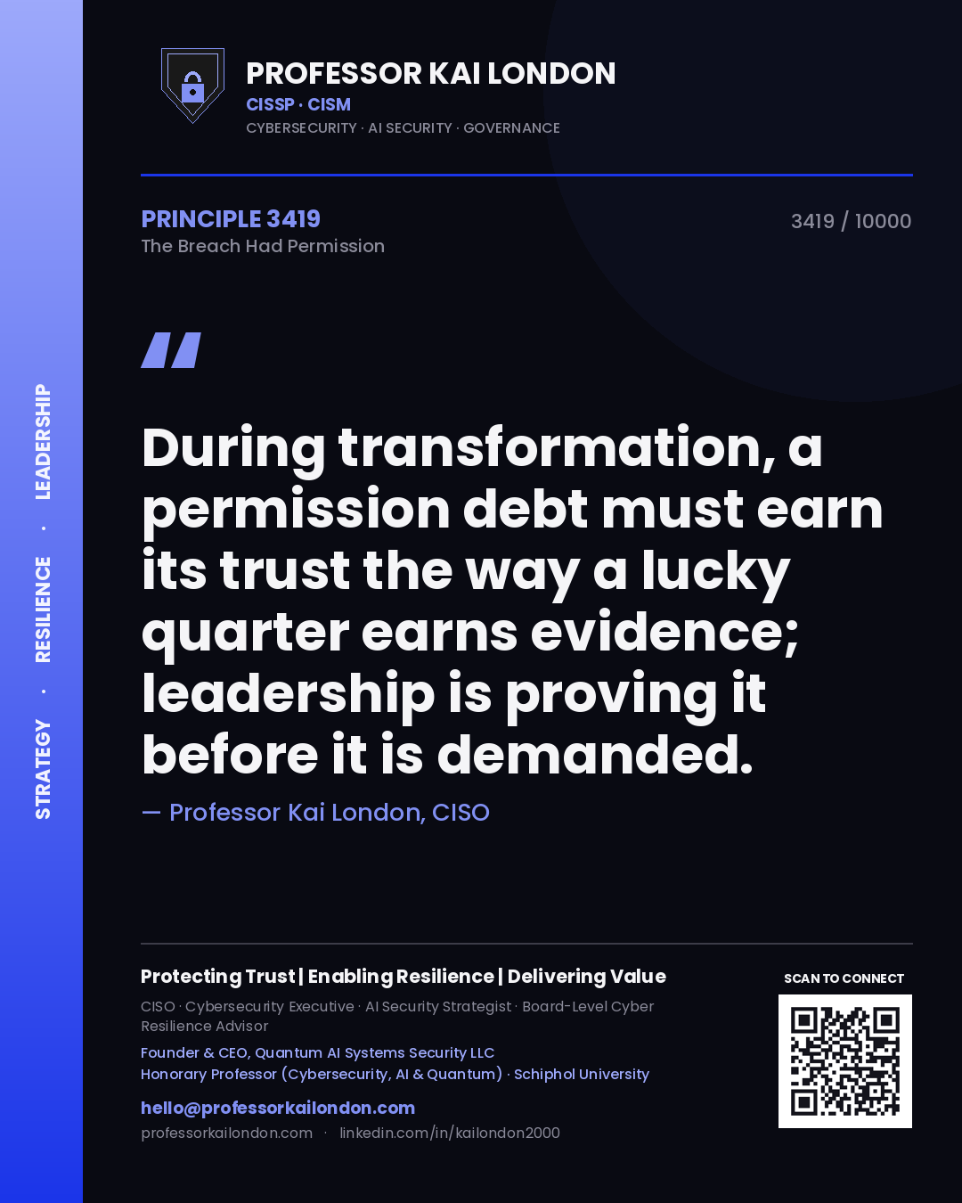 Quote card by Professor Kai London reading 'During transformation, a permission debt must earn its trust the way a lucky quarter earns evidence; leadership is proving it before it is demanded.'. From the book The Breach Had Permission.