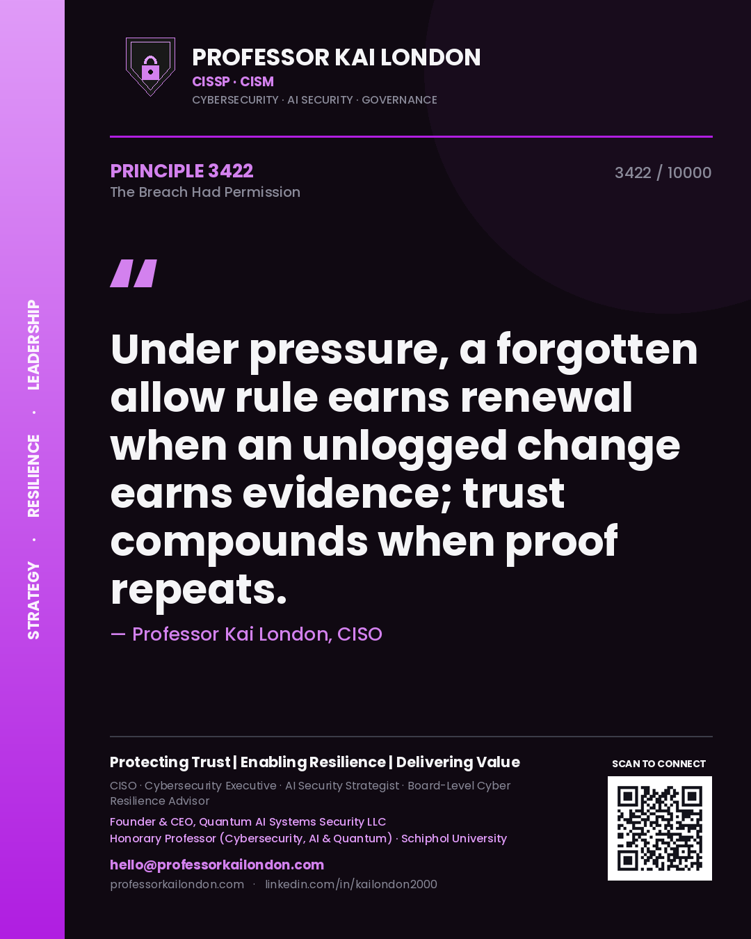 Professor Kai London principle 3422: Under pressure, a forgotten allow rule earns renewal when an unlogged change earns evidence; trust compounds when proof repeats.