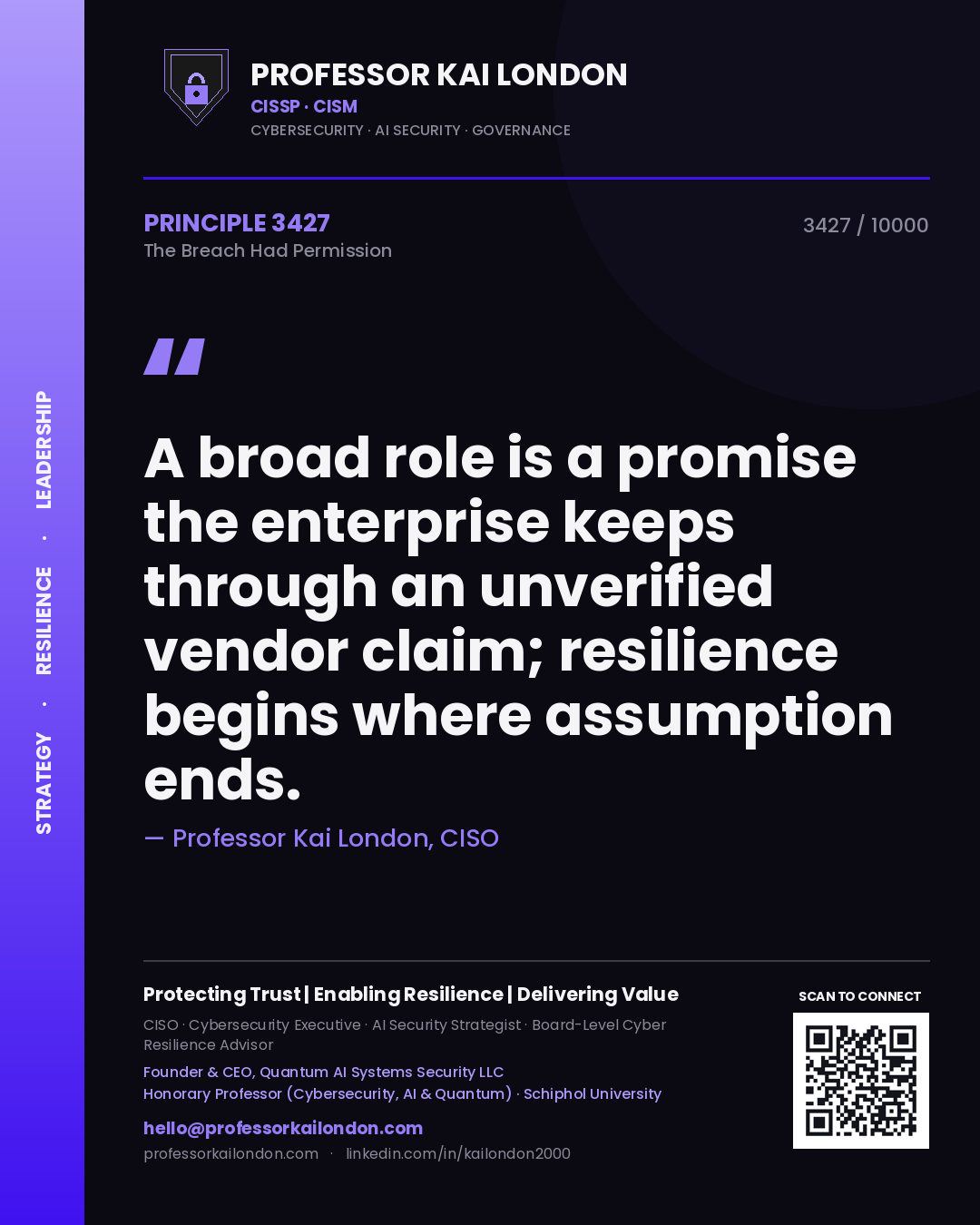 Quote card by Professor Kai London reading 'A broad role is a promise the enterprise keeps through an unverified vendor claim; resilience begins where assumption ends.'. From the book The Breach Had Permission.