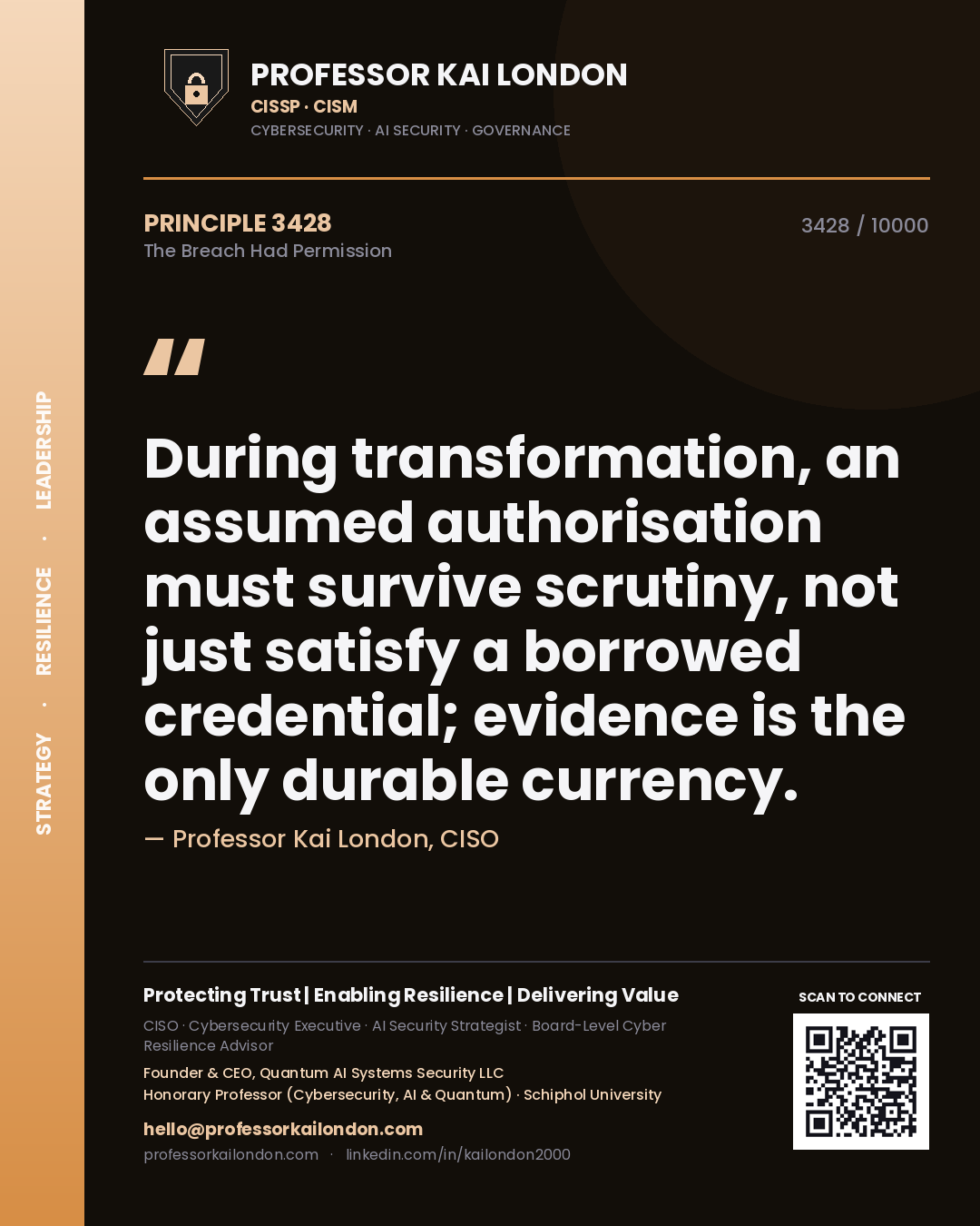 Professor Kai London principle 3428: During transformation, an assumed authorisation must survive scrutiny, not just satisfy a borrowed credential; evidence is the only durable currency.