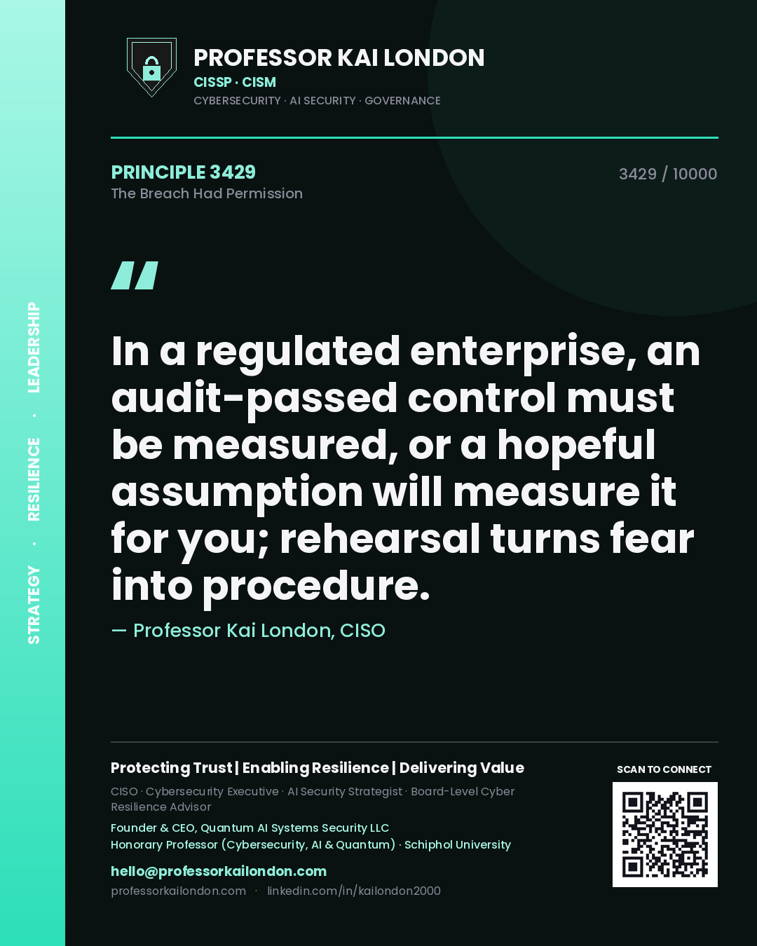 Professor Kai London principle 3429: In a regulated enterprise, an audit-passed control must be measured, or a hopeful assumption will measure it for you; rehearsal turns fear into procedure.