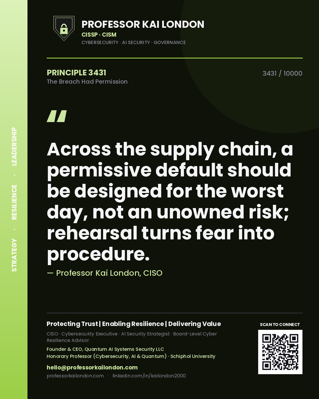 Quote card by Professor Kai London reading 'Across the supply chain, a permissive default should be designed for the worst day, not an unowned risk; rehearsal turns fear into procedure.'. From the book The Breach Had Permission.