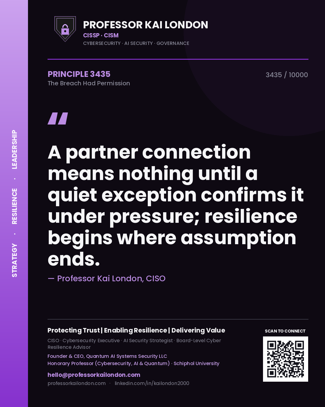 Quote card by Professor Kai London reading 'A partner connection means nothing until a quiet exception confirms it under pressure; resilience begins where assumption ends.'. From the book The Breach Had Permission.