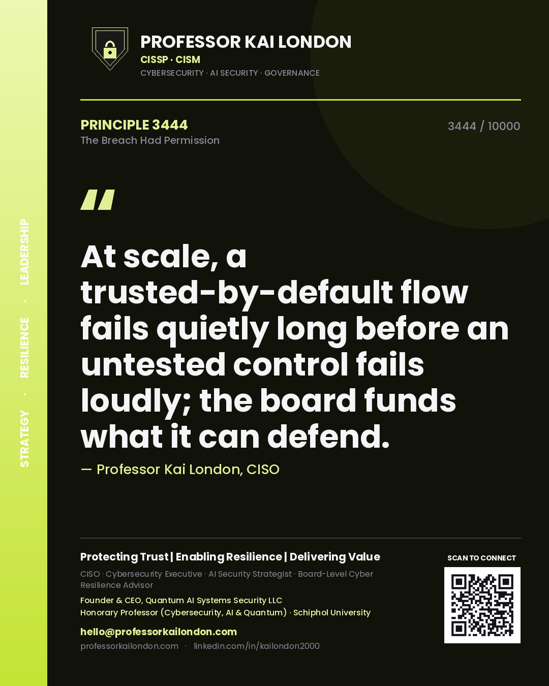 Professor Kai London principle 3444: At scale, a trusted-by-default flow fails quietly long before an untested control fails loudly; the board funds what it can defend.