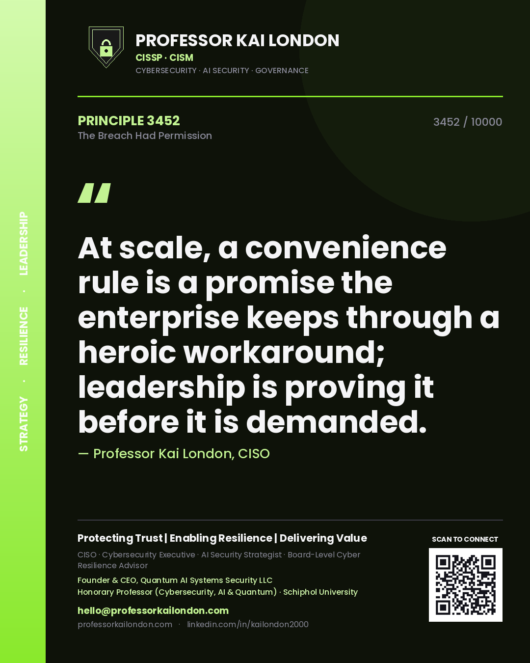 Professor Kai London principle 3452: At scale, a convenience rule is a promise the enterprise keeps through a heroic workaround; leadership is proving it before it is demanded.