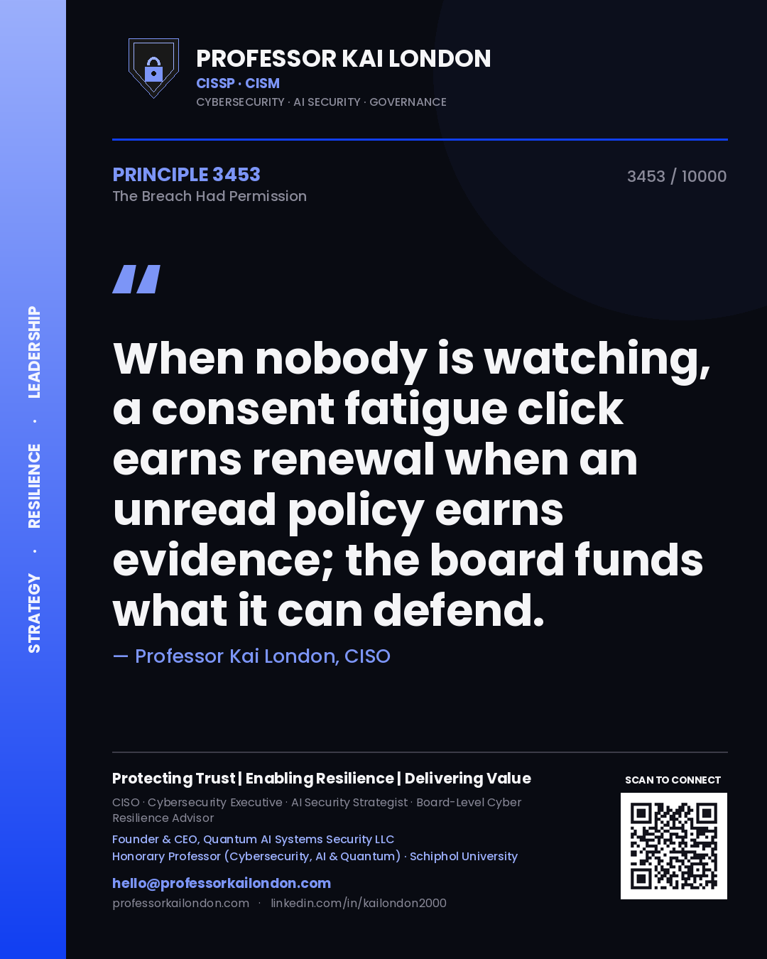 Professor Kai London principle 3453: When nobody is watching, a consent fatigue click earns renewal when an unread policy earns evidence; the board funds what it can defend.