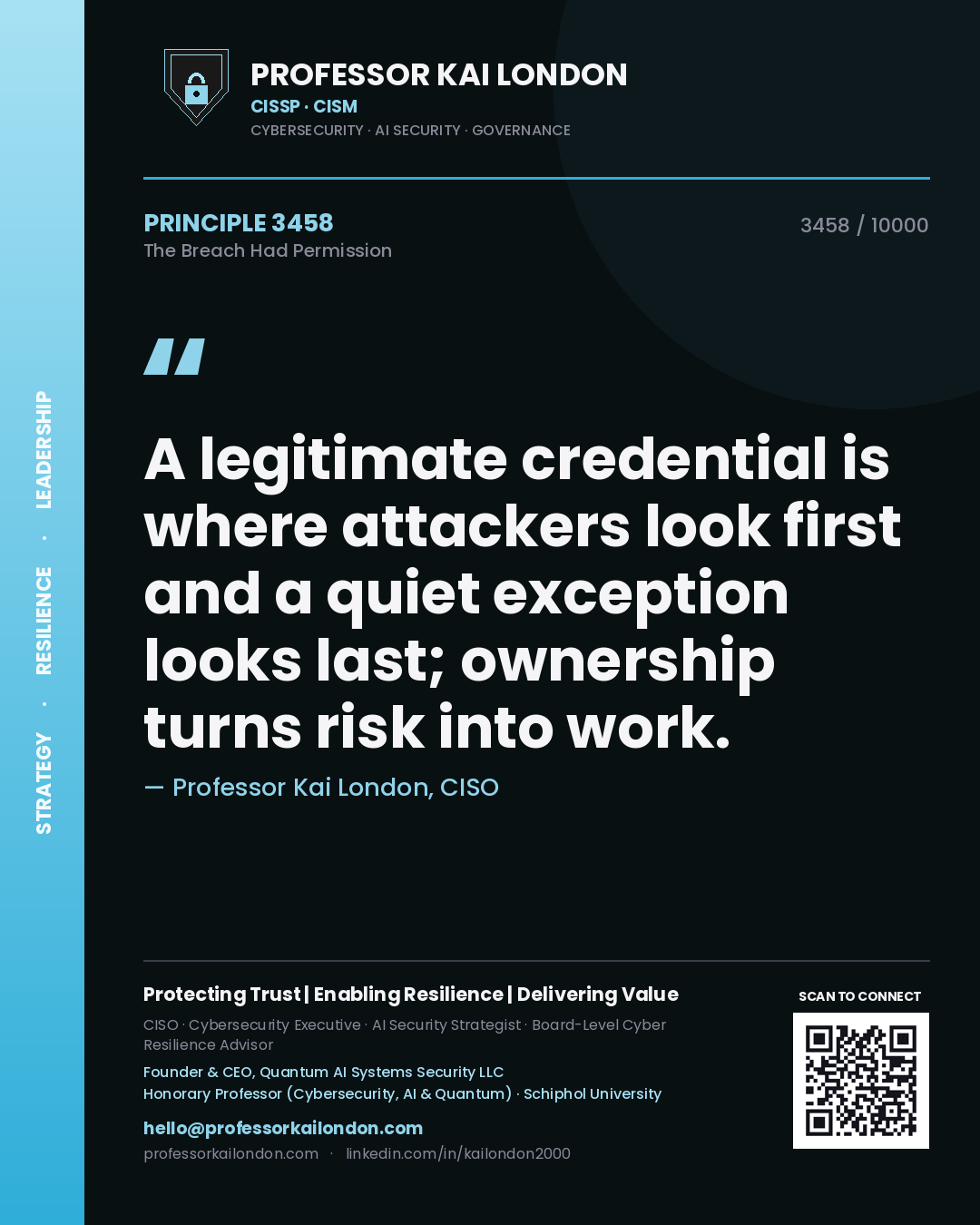 Professor Kai London principle 3458: A legitimate credential is where attackers look first and a quiet exception looks last; ownership turns risk into work.