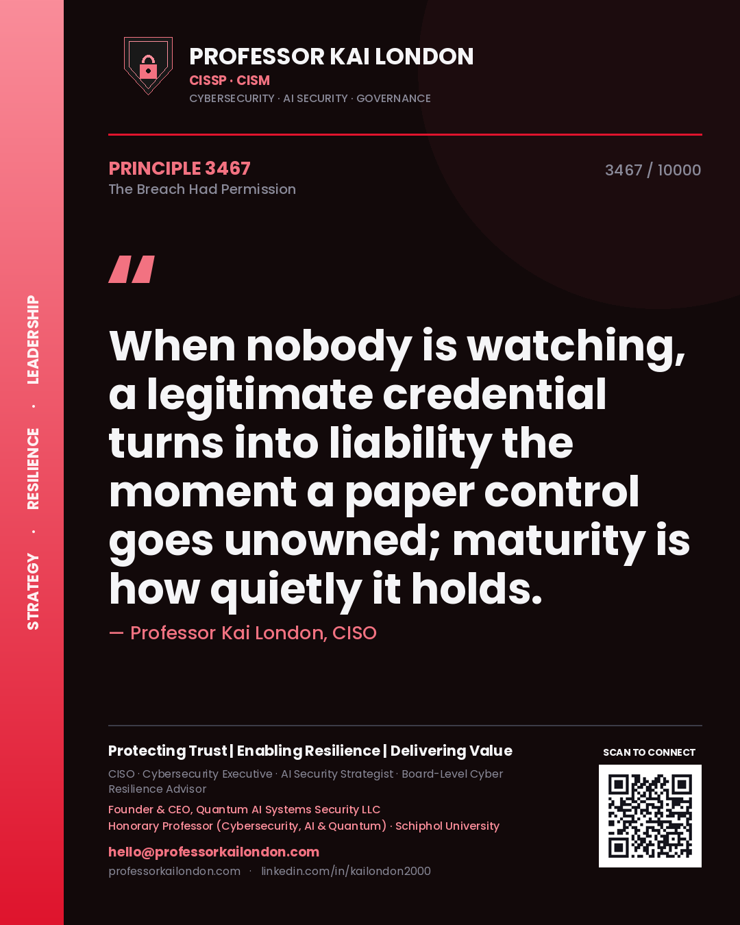Quote card by Professor Kai London reading 'When nobody is watching, a legitimate credential turns into liability the moment a paper control goes unowned; maturity is how quietly it holds.'. From the book The Breach Had Permission.