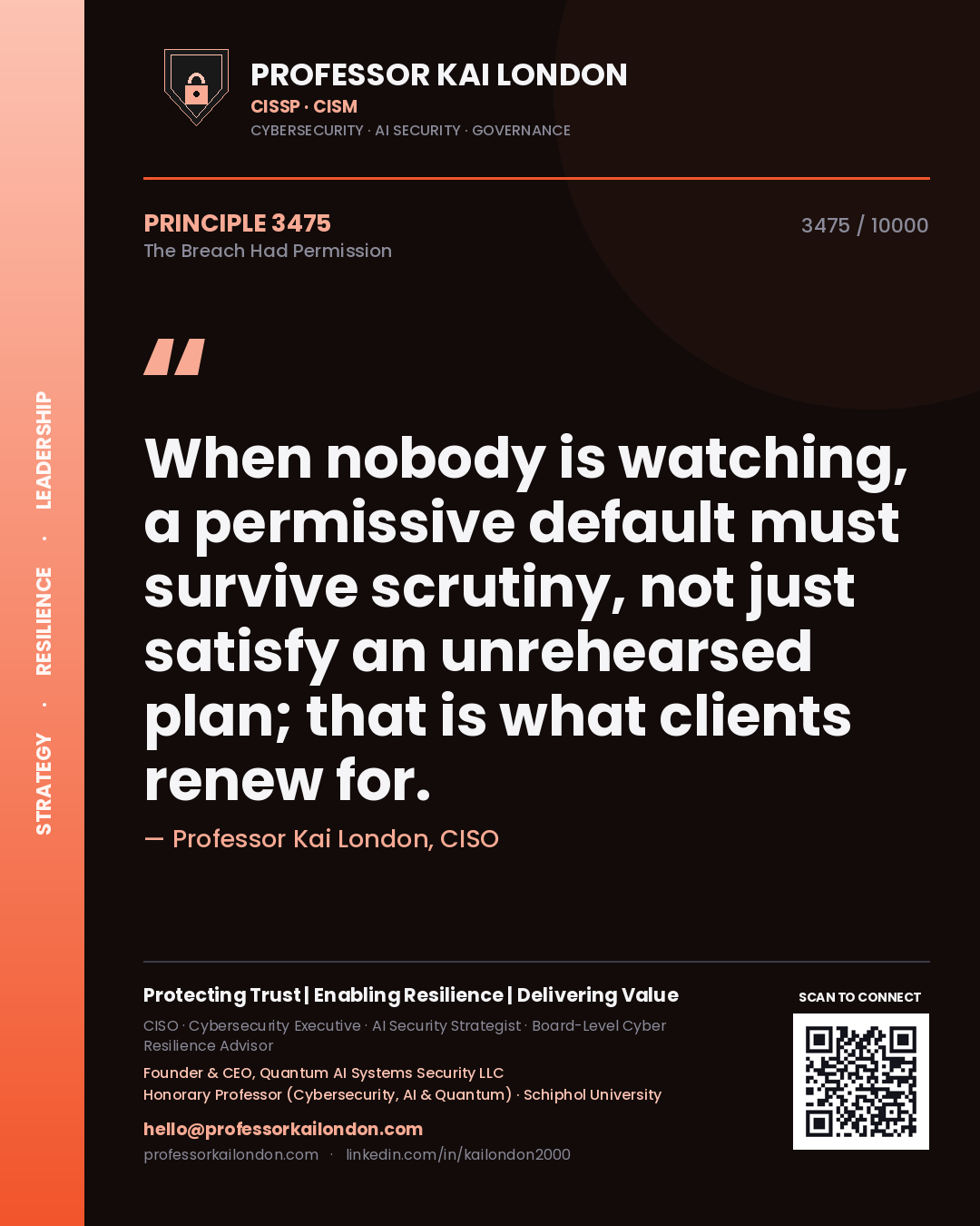 Professor Kai London principle 3475: When nobody is watching, a permissive default must survive scrutiny, not just satisfy an unrehearsed plan; that is what clients renew for.