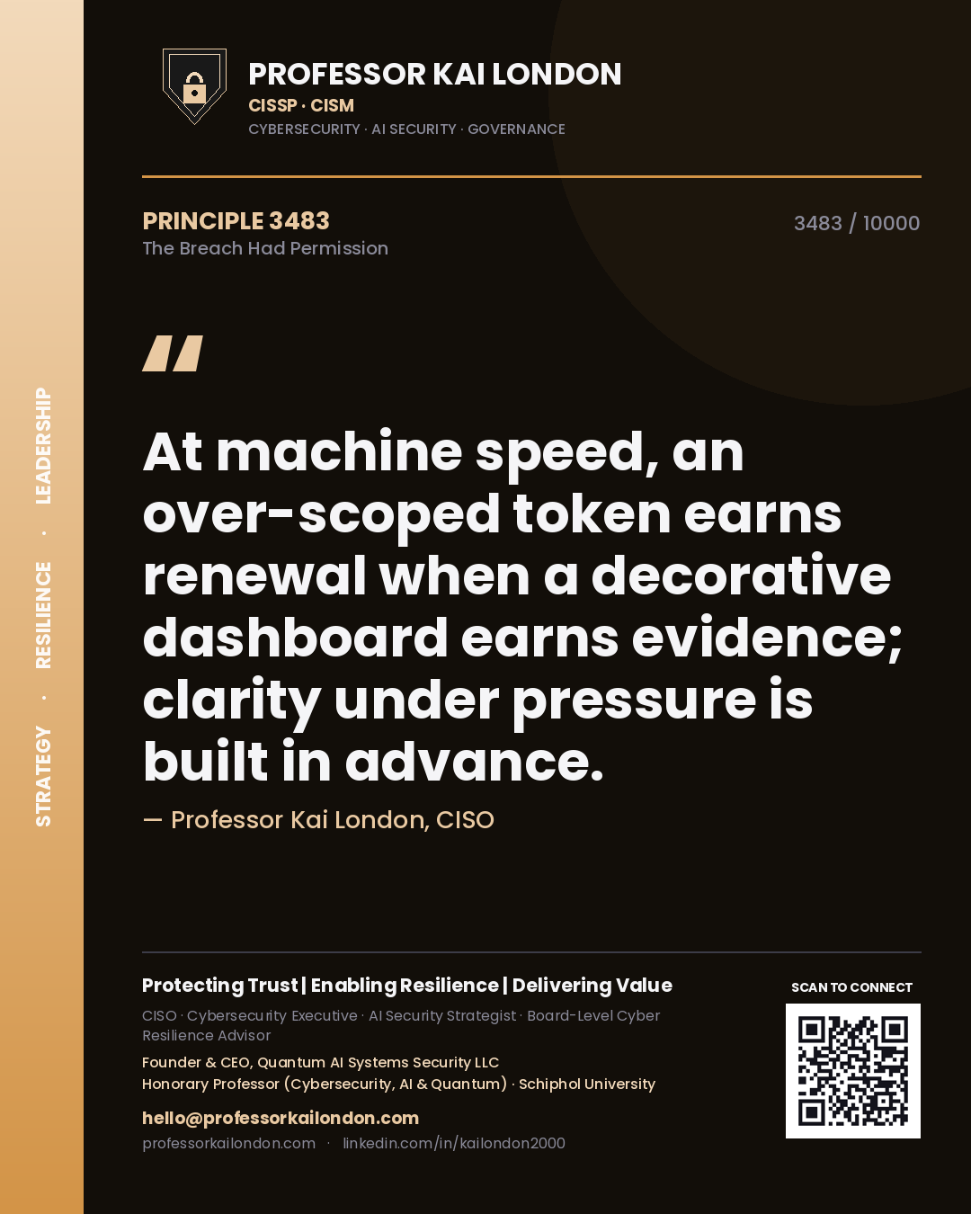 Professor Kai London principle 3483: At machine speed, an over-scoped token earns renewal when a decorative dashboard earns evidence; clarity under pressure is built in advance.