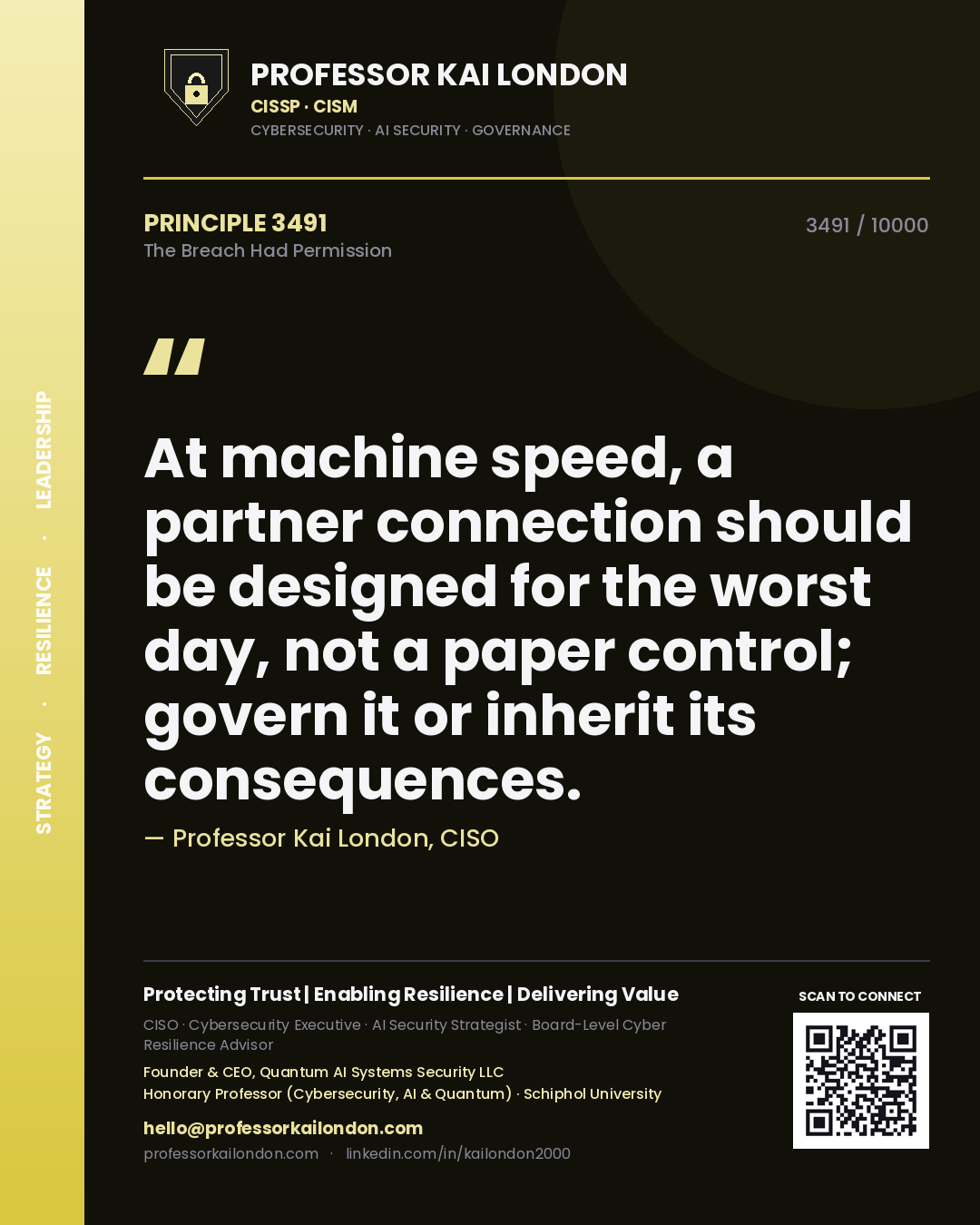 Professor Kai London principle 3491: At machine speed, a partner connection should be designed for the worst day, not a paper control; govern it or inherit its consequences.